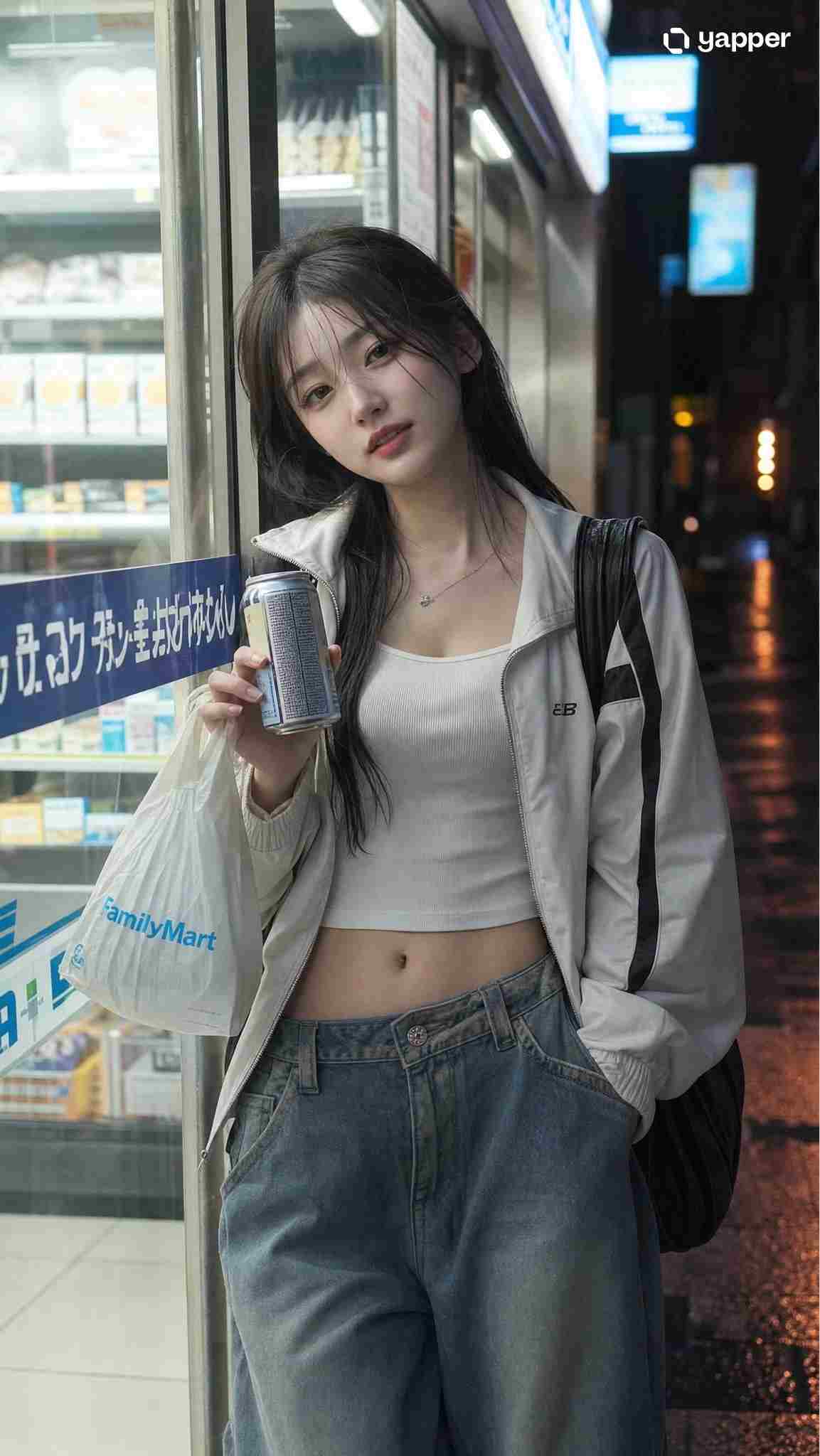 GPT Image 2 prompt: A sweet-cool Japanese girl with an alluring, soft-sensual look

Scene: A convenience store entrance at night, with glass doors, bright refrigerator lighting, and slightly wet streets reflecting ambient light. The environment is quiet, carrying a subtle sense of urban solitude. Cool white store lighting mixes with warmer street lights, creating a soft contrast.

Outfit: A cropped top paired with loose-fit jeans or low-rise cargo pants, layered with a lightweight jacket or bomber. The styling feels clean and effortless, balancing sweetness with a subtle edge. The color palette leans toward white, gray, black, and light blue.

Makeup & styling: Lightweight, translucent base makeup with a natural glow. Slightly cool-toned blush, soft eye makeup with a subtly emphasized outer corner, fine eyeliner, and naturally defined lashes. Lips are in a glossy rose or natural pink tone. Hair is worn down or loosely tied, with a few soft strands framing the face.

Pose: Standing near the store entrance or leaning lightly against the glass. One hand holding a drink or a small convenience store bag, the other resting naturally at her side. Body slightly angled, legs casually crossed or offset for a relaxed stance.

Expression: Looking toward the camera with a faint, almost teasing smile. A slightly indifferent, effortless gaze—soft yet distant, carrying a subtle sense of cool detachment.

Style: Low contrast, shot on a Nikon DSLR. Nighttime ambient lighting with slight noise, giving a natural, candid, straight-out-of-camera feel.

Details: Realistic skin texture, gentle highlights from store lighting on the face. Background includes softly blurred signage, streetlights, and glass reflections. Hair slightly tousled, adding a lived-in, natural feel.

Mood: Quiet, urban, slightly distant yet intimate. A mix of everyday realism and subtle ambiguity, with a calm late-night atmosphere.

Camera: Medium shot or medium close-up, waist-up framing, slight handheld feel, shallow depth of field, documentary-style street photography.

Aspect ratio: 2:3