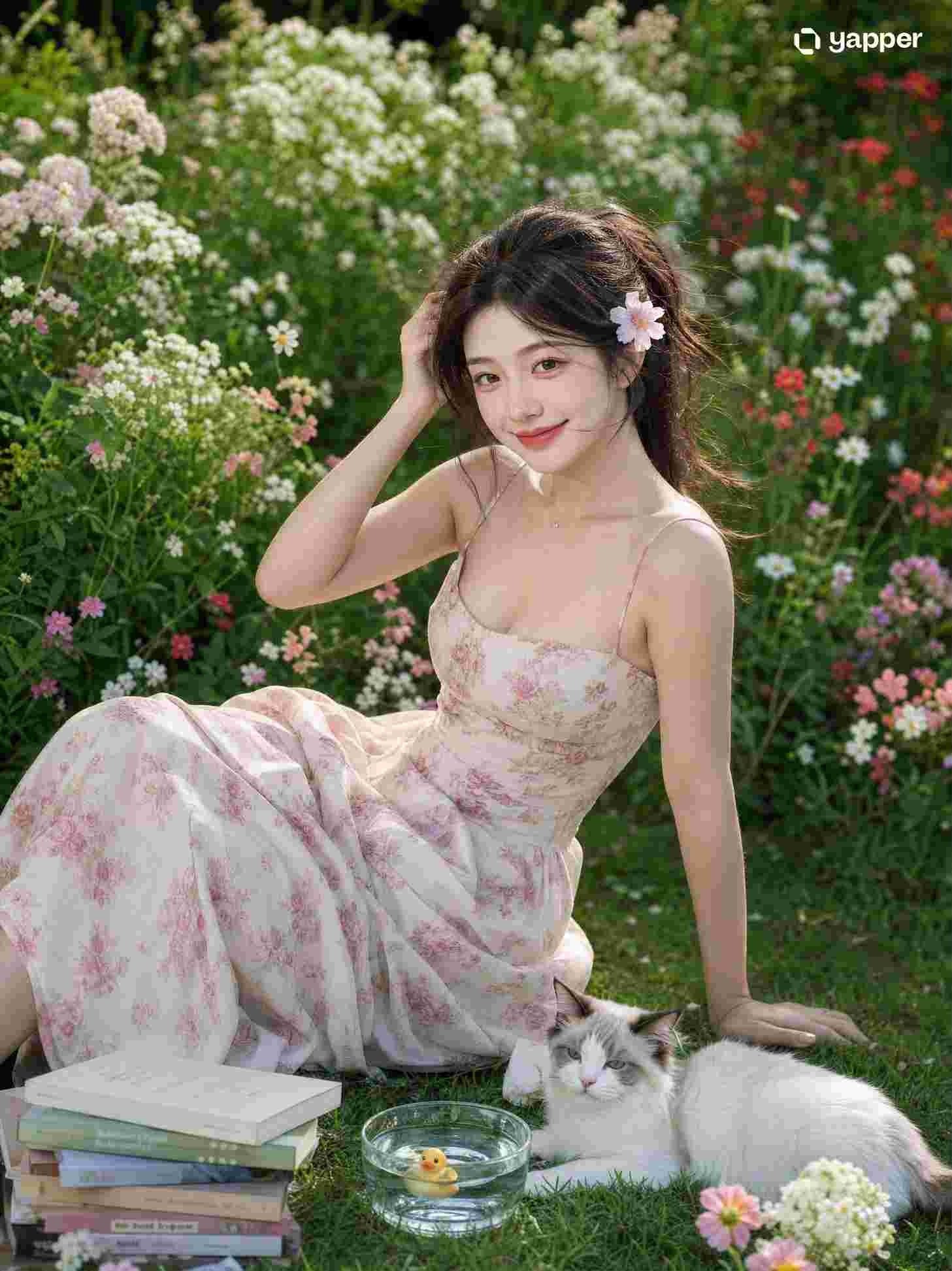 GPT Image 2 prompt: Ultra-realistic outdoor portrait of a her with a soft feminine aesthetic, sitting casually on the grass in a lush, aesthetic flower garden. The garden is filled with wildflowers in white, pink, red, and fresh green tones, creating a romantic, dreamy “secret garden” atmosphere.
The subject is wearing a pink-and-white floral midi dress with spaghetti straps and a feminine silhouette. Her long dark brown hair is loosely tied back in a slightly messy style,no lit on face,  and gently blown by a soft breeze. A delicate flower is tucked behind her ear. She smiles sweetly while looking into a camera an elegant candid pose — one hand touching her hair, the other supporting her body from behind.
Beside her sits a relaxed purebred cat, along with a small stack of books, a small bowl of water with a floating toy duck, and scattered flowers filling both the foreground and background.
Makeup details (Douyin Korean style): glowing glass skin, flawless complexion, soft pink blush on cheeks, nose, and under eyes, straight natural brows, soft aegyo-sal, subtle shimmer on eyelids, thin natural brown eyeliner, softly curled lashes, natural dark brown lenses, small nose with soft contour, glossy cherry-pink gradient lips. Overall look is soft, feminine, fresh, and youthful Korean beauty style.
Photography details: medium shot, slightly high eye-level angle, natural candid framing, shallow depth of field, sharp focus on the subject with softly blurred floral background, bright but soft natural daylight, dominant fresh green tones with pastel florals, cinematic dreamy mood, clean composition, ultra-realistic, highly detailed, soft highlights, realistic skin texture, HDR, 8K, sharp focus, premium photography, natural light, crisp details, elegant and aesthetic.