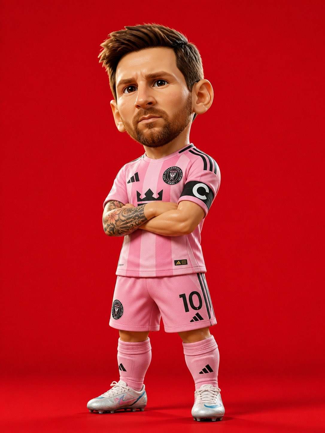 GPT Image 2 prompt: A stylized 3D cartoon character of a young football player, standing confidently with arms crossed, wearing a blue and red striped soccer jersey and matching shorts, knee-high socks, and cleats. The character has a large head with exaggerated proportions, smooth brown skin, big expressive eyes, sharp eyebrows, and short curly hair with blonde highlights. The pose is confident and slightly tilted, with a subtle smile. Highly detailed Pixar-style rendering, soft studio lighting, glossy textures, vibrant colors, clean shadows. Full-body centered composition on a solid bright red background, ultra high resolution, cinematic depth, professional 3D character design.