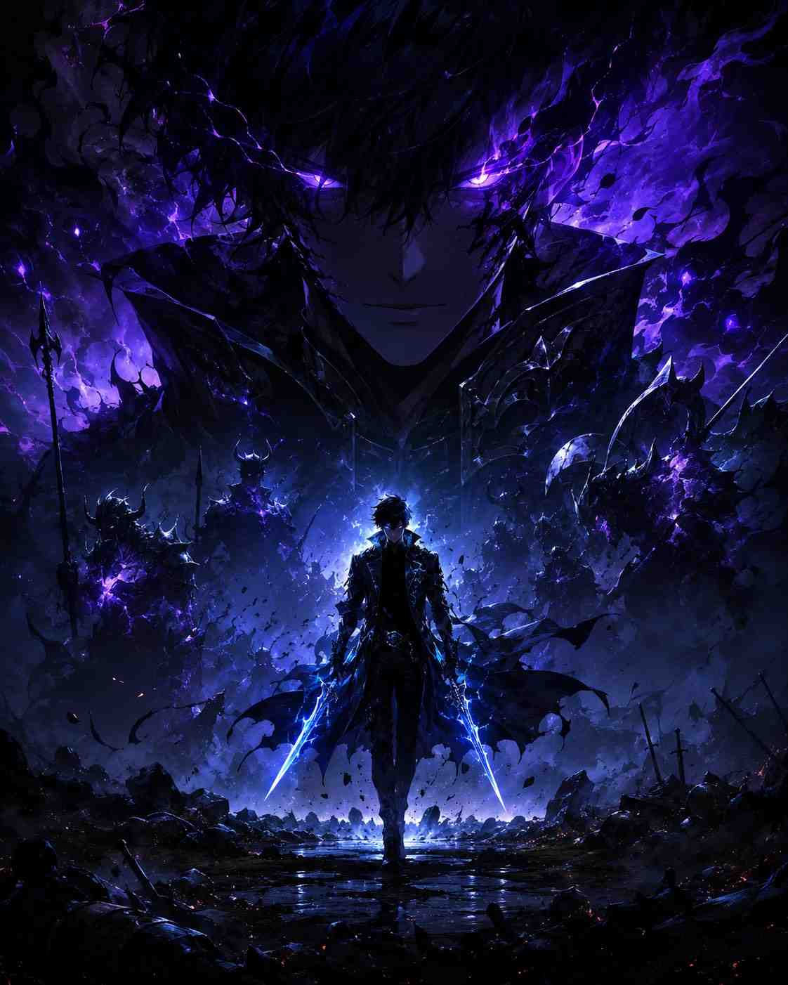 GPT Image 2 prompt: Create an ultra cinematic SOLO LEVELING-inspired promotional poster in vertical 4:5 format (1080x1350). The composition follows a strong hierarchy design with massive visual dominance at the top and supporting elements below. 

The upper section features an enormous shadow-covered warrior face emerging from darkness, glowing electric purple eyes piercing through black smoke, sharp anime-inspired features, partially visible half-body armor silhouette, creating an instantly iconic and intimidating presence similar to a shadow monarch. Flowing dark energy and shadow soldiers subtly appear behind him like a supernatural army.

The middle section contains the main character standing confidently on a ruined battlefield, wearing a long black trench coat with glowing blue runes and dual daggers emitting neon energy. His body should appear smaller than the giant face above, emphasizing scale and dominance. Dynamic particles, floating debris, lightning streaks, and aura effects surround him.

The bottom section includes minimal typography space for branding or title placement, with cinematic fog, cracked ground textures, glowing embers, and depth-heavy atmosphere fading into darkness.

Style should feel like a premium anime movie poster mixed with luxury gaming advertisement aesthetics. Use dramatic contrast, deep blacks, neon blue and purple highlights, volumetric lighting, ultra detailed textures, cinematic depth of field, realistic shadows, high intensity mood, Unreal Engine 5 quality, hyper detailed, 8K, trending ArtStation aesthetic.