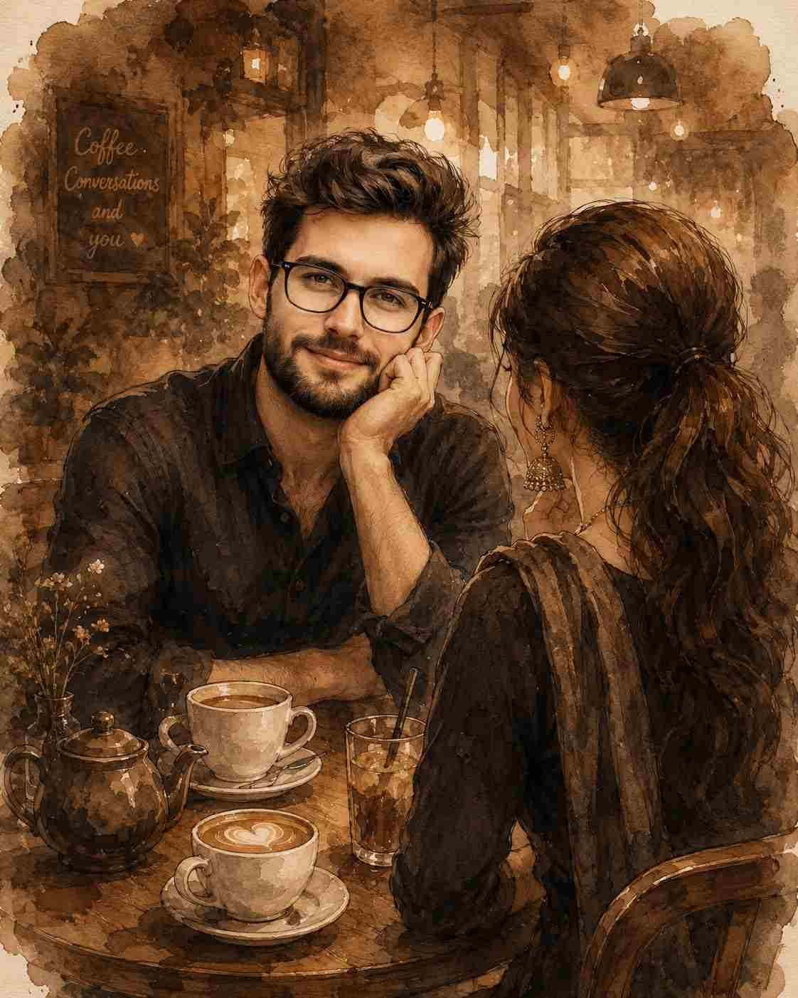 GPT Image 2 prompt: A soft sepia-toned watercolor illustration of a romantic café moment between a young man and woman sitting across from each other at a small wooden table. The young man has messy voluminous dark hair, black glasses, a light beard and mustache, and wears a dark casual shirt with rolled sleeves. He rests his face on one hand, smiling gently and looking lovingly toward the woman. The woman is seen from behind with a long ponytail hairstyle, wearing traditional jhumka earrings and a dark elegant outfit. On the table are ceramic coffee cups with latte art, a vintage teapot, and a glass of iced tea with straws. Cozy café interior in the background with warm hanging lights, rustic wooden textures, and soft blurred details. Hand-painted watercolor texture, ink sketch outlines, expressive brush strokes, dreamy romantic atmosphere, vintage sepia palette, cinematic composition, ultra detailed artistic illustration style, soft lighting, emotional storytelling aesthetic.",
  "size": "1024x1536