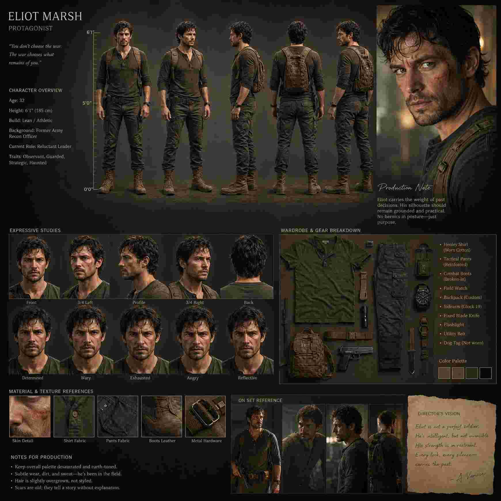 GPT Image 2 prompt: Create a cinematic realistic character design board for a high-budget film production.

Avoid generic grids, perfect symmetry, or template-style layouts.
The composition should feel art-directed, slightly asymmetrical, and visually intentional like a premium movie pitch presentation.

Design a realistic human character with grounded proportions, believable anatomy, natural imperfections, and expressive acting energy.

Include:

* Full-body turnaround (front, 3/4, side, back, 3/4 back)
* Expressive head studies from multiple angles
* Cinematic portrait shot
* Wardrobe and prop breakdown
* Fabric, skin, and material texture realism
* Annotation callouts and production notes
* Height reference scale

Character should feel like a real actor captured mid-moment, not a posed model sheet.

Style:
Semi-realistic cinematic character design, film-production quality, soft natural lighting, emotional readability, subtle exaggeration, realistic materials, shallow depth of field, premium studio presentation aesthetic.

Important:
Maintain strict consistency in face, proportions, hairstyle, outfit, and details across every angle and section.