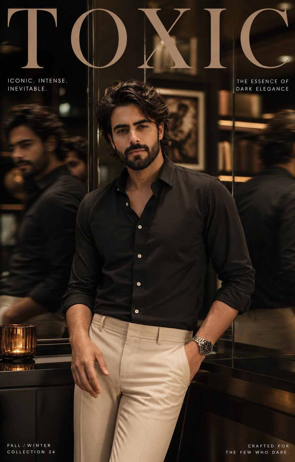 GPT Image 2 prompt: A cinematic luxury fashion campaign portrait of a young male model standing in a dimly lit modern interior with multiple mirror reflections around him. He wears a fitted black button-up dress shirt with sleeves rolled slightly above the wrists, top buttons open subtly, paired with tailored cream/beige high-waisted trousers. A premium wristwatch with a dark dial and metallic strap is visible on his wrist. The model has thick textured black hair, light stubble, sharp jawline, confident relaxed expression, and warm medium skin tone.

Composition is editorial magazine style, shot vertically in 4:5 ratio. The central subject is in sharp focus while several reflections and motion-blurred duplicates appear in mirrors behind and beside him, creating a moody luxury aesthetic. He leans casually against a glossy black counter with one hand in pocket and the other relaxed in foreground.

Lighting is soft, warm, cinematic tungsten ambience with deep shadows and subtle highlights on the face and clothing. Background includes elegant dark interiors, bookshelves, framed wall art, reflective mirrors, and a small warm candle lamp on the counter. Color palette consists of black, beige, bronze, warm brown, and muted gold tones.

Typography style resembles a premium fashion campaign poster with large serif title text at the top reading “TOXIC”, minimal luxury branding, clean spacing, and modern editorial layout. Mood is mysterious, sophisticated, masculine, confident, elite, and slightly melancholic.

Photography & Style Details

Editorial fashion photography

Luxury menswear campaign

Cinematic color grading

Shallow depth of field

Soft contrast with rich blacks

Mirror reflection composition

Subtle motion blur on background reflections

High-end magazine aesthetic

Realistic skin texture

Sharp facial focus

Warm ambient lighting

Premium lifestyle atmosphere

Camera Settings Style

Shot on 85mm lens

f/1.8 aperture

ISO 400

Soft bokeh background

Medium close-up framing

Eye-level camera angle

Negative Prompt

low quality

overexposed skin

cartoon look

distorted hands

extra limbs

bad anatomy

unrealistic face

oversaturated colors

blurry main subject

cheap clothing texture

flat lighting

cluttered background

duplicate facial distortion

AI artifacts

plastic skin

harsh flash lightin