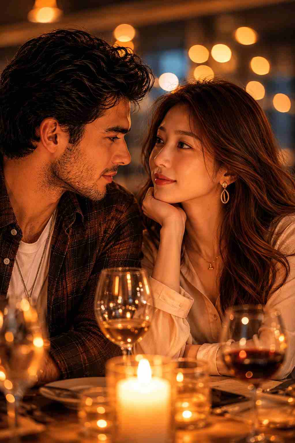 GPT Image 2 prompt: Ultra realistic cinematic romantic dinner portrait of a young couple sitting close across a restaurant table, deeply gazing into each other’s eyes, intimate emotional connection, warm golden ambient lighting, dreamy bokeh fairy lights in background, luxury candlelight dinner atmosphere, soft orange and amber tones, shallow depth of field, highly detailed skin texture, elegant Korean woman with long wavy brown hair, delicate earrings, natural glossy makeup, cream silk blouse, handsome man with thick textured dark hair, light stubble beard, layered casual outfit with white t-shirt and dark checkered overshirt, wine glasses and candles on table foreground, cozy upscale restaurant interior, romantic evening mood, cinematic composition, soft glow highlights, DSLR photography, 85mm lens, f/1.4, ultra photorealistic, high detail, aesthetic luxury couple photography, warm color grading, natural facial expressions, intimate framing, vertical portrait --ar 2:3 --stylize 250 --quality 2