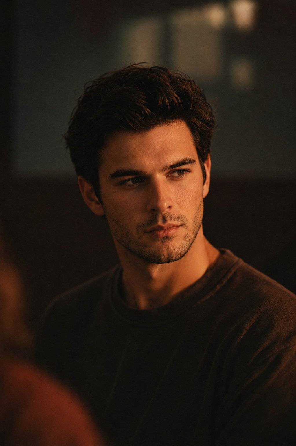 GPT Image 2 prompt: Ultra realistic cinematic portrait of a handsome young man with thick dark textured hair and light stubble, wearing a simple dark oversized t-shirt, sitting indoors in a dim warm environment. He is looking sideways with a calm serious expression, soft jawline shadows, detailed skin texture, deep brown eyes, moody amber-orange cinematic lighting inspired by tungsten lamps, shallow depth of field, blurred cozy background with warm bokeh, intimate evening atmosphere, luxury Netflix-style color grading, natural facial proportions, soft contrast, photorealistic, 85mm lens, f/1.8, ultra detailed face, dramatic shadows, centered composition, candid emotional vibe, high-end editorial portrait photography, warm tones, realistic skin pores, soft rim lighting, dark aesthetic, vertical framing 4:5.