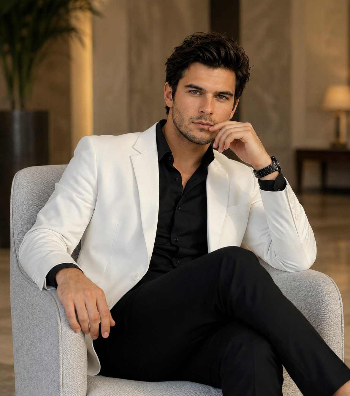 GPT Image 2 prompt: Ultra-realistic luxury fashion portrait of a handsome young man sitting confidently in a modern cream armchair inside an elegant luxury hotel lobby, wearing a perfectly tailored white blazer over a fitted black dress shirt and slim black trousers, black luxury wristwatch, relaxed rich-guy pose with one hand resting on chin, legs crossed, intense eye contact with camera, sharp jawline, textured dark hair, subtle stubble, cinematic warm lighting, soft beige marble interior, blurred luxury background with ambient lamps and plants, editorial GQ magazine style, shallow depth of field, premium fashion photography, ultra detailed skin texture, sophisticated masculine aesthetic, photorealistic, high-end lifestyle vibe, 85mm lens, soft shadows, balanced composition, luxury color grading, natural expression, 8k quality.