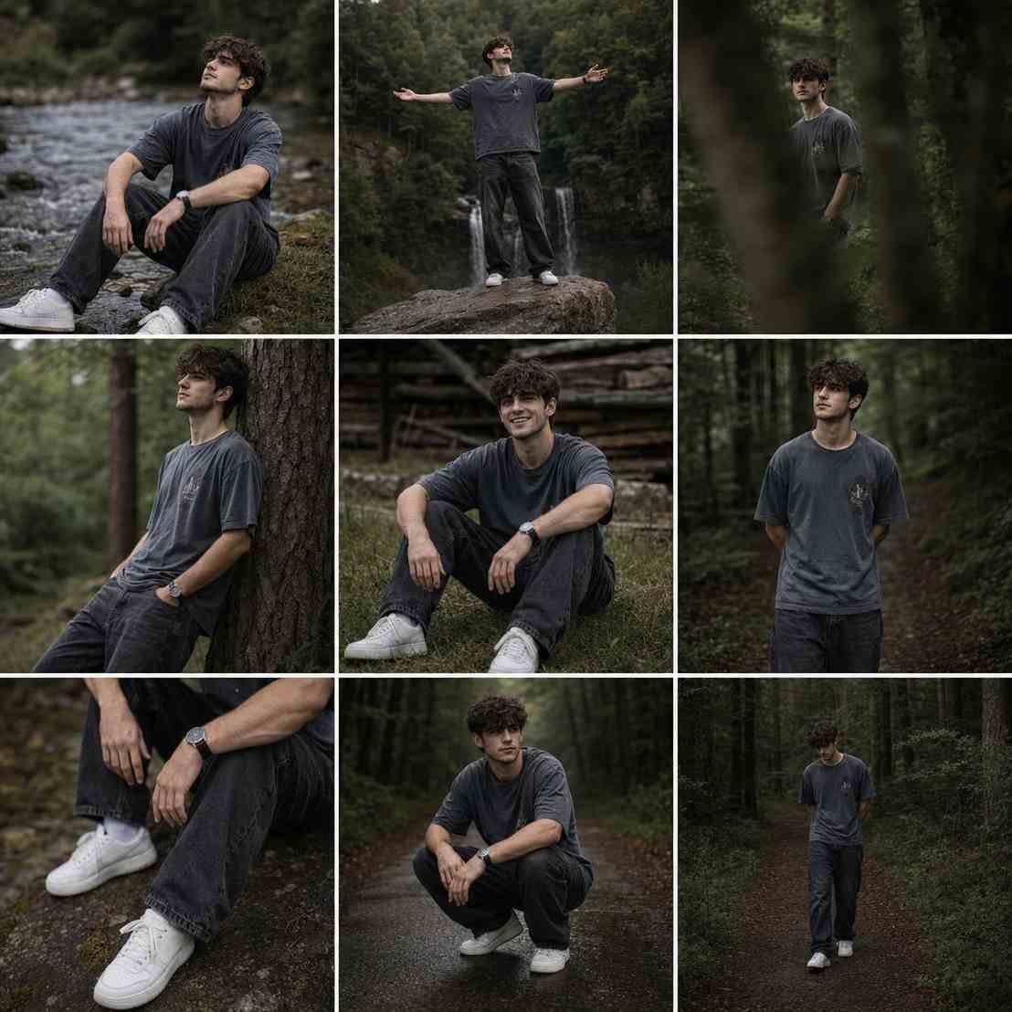 GPT Image 2 prompt: Create a cinematic editorial lifestyle photo series featuring a young curly-haired male in a peaceful forest environment. Preserve the exact facial structure, hairstyle, body proportions, clothing style, and natural appearance from the reference image.
The subject wears an oversized faded gray t-shirt with a small graphic detail on the chest, loose dark charcoal jeans, white sneakers, and a minimalist wristwatch. The overall styling should feel casual, authentic, and modern, with a subtle Scandinavian outdoor aesthetic.
Composition & Layout Generate a 9-frame collage moodboard consisting of different candid poses and perspectives:
Sitting by a shallow riverbank surrounded by grass and rocks, gazing upward thoughtfully.
Standing on a large rock with arms open wide, looking toward the sky.
Soft-focus artistic shot partially obscured by trees, creating a dreamy cinematic effect.
Leaning against a tree trunk in a relaxed contemplative pose.
Sitting on forest grass near wooden structures, smiling naturally.
Standing beside a woodland path with hands behind the back.
Close-up detail shot of wristwatch, jeans, and sneakers.
Squatting on a wet road surrounded by dense forest.
Walking slowly through a dark forest path, captured candidly.
Environment Dense green forest, tall pine trees, natural woodland scenery, small waterfall, winding dirt roads, wet ground after light rain, rich organic textures, moss, grass, and wooden elements.
Lighting Soft overcast daylight, diffused natural light, moody forest shadows, subtle highlights on hair, gentle contrast, no harsh sunlight, atmospheric depth.
Color Grading Dark earthy tones, muted greens, desaturated blues, warm gray shadows, cinematic film look, natural skin tones, slightly matte finish, subtle Kodak Portra color science, premium outdoor editorial aesthetic.
Photography Style High-end fashion editorial, cinematic storytelling, candid documentary photography, shallow depth of field, 85mm lens, f/1.8 aperture, soft bokeh, realistic textures, natural expressions, emotional and introspective mood.
Mood Quiet, reflective, nostalgic, peaceful, grounded, connected with nature, youthful freedom, authentic outdoor lifestyle.
Quality Ultra realistic, professional photography, magazine editorial quality, 8K resolution, exceptional detail, realistic skin texture, natural fabric folds, cinematic depth, award-winning outdoor portrait photography.