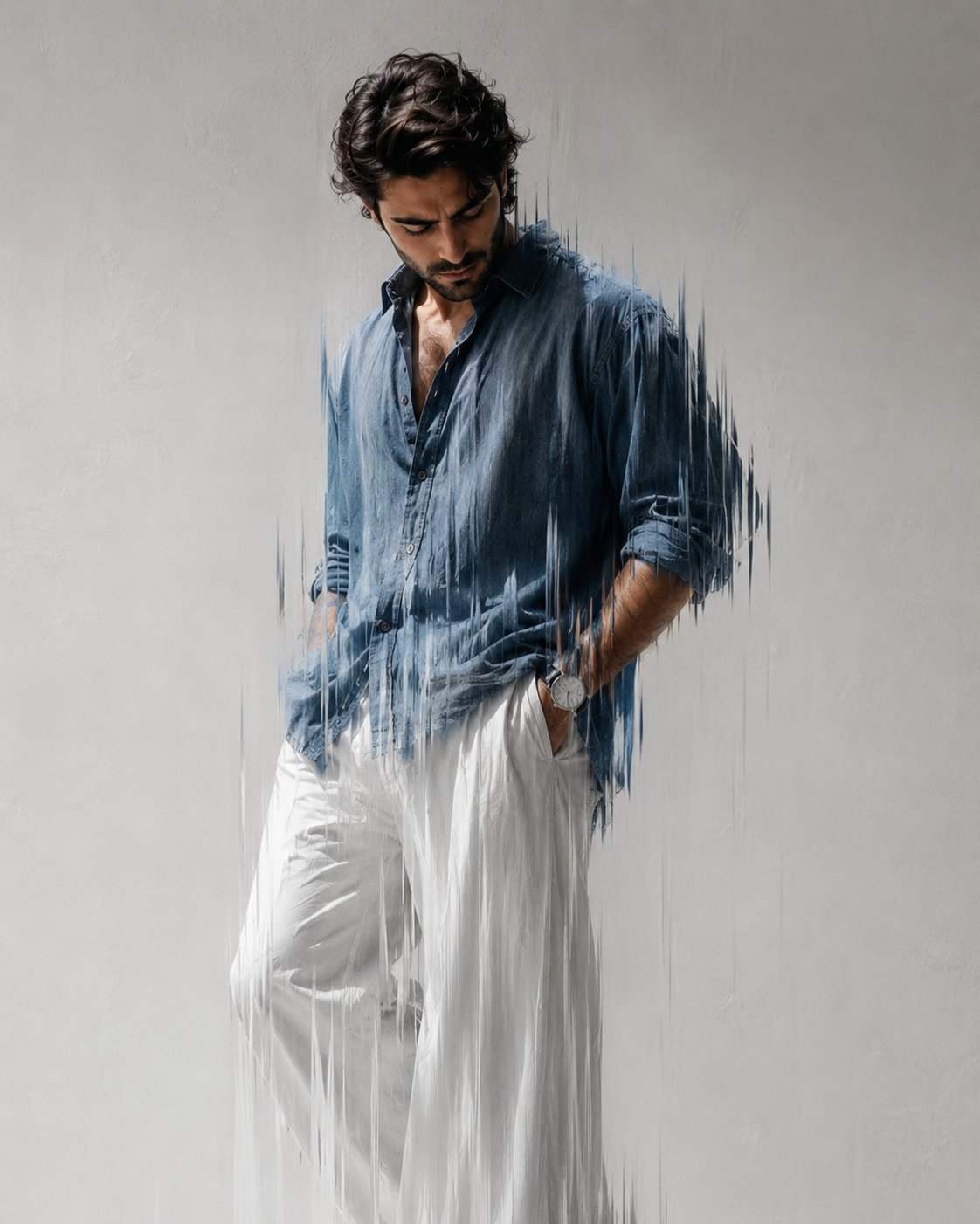 GPT Image 2 prompt: A stylish young man standing in a dynamic pose, looking down, wearing oversized blue colour shirt and loose white pants, minimal aesthetic fashion, solid bright white background, dramatic lighting, motion blur dripping effect around the body, glitch smear effect, soft shadows, high contrast, cinematic look, ultra realistic, 4K, sharp details, editorial fashion photography style.