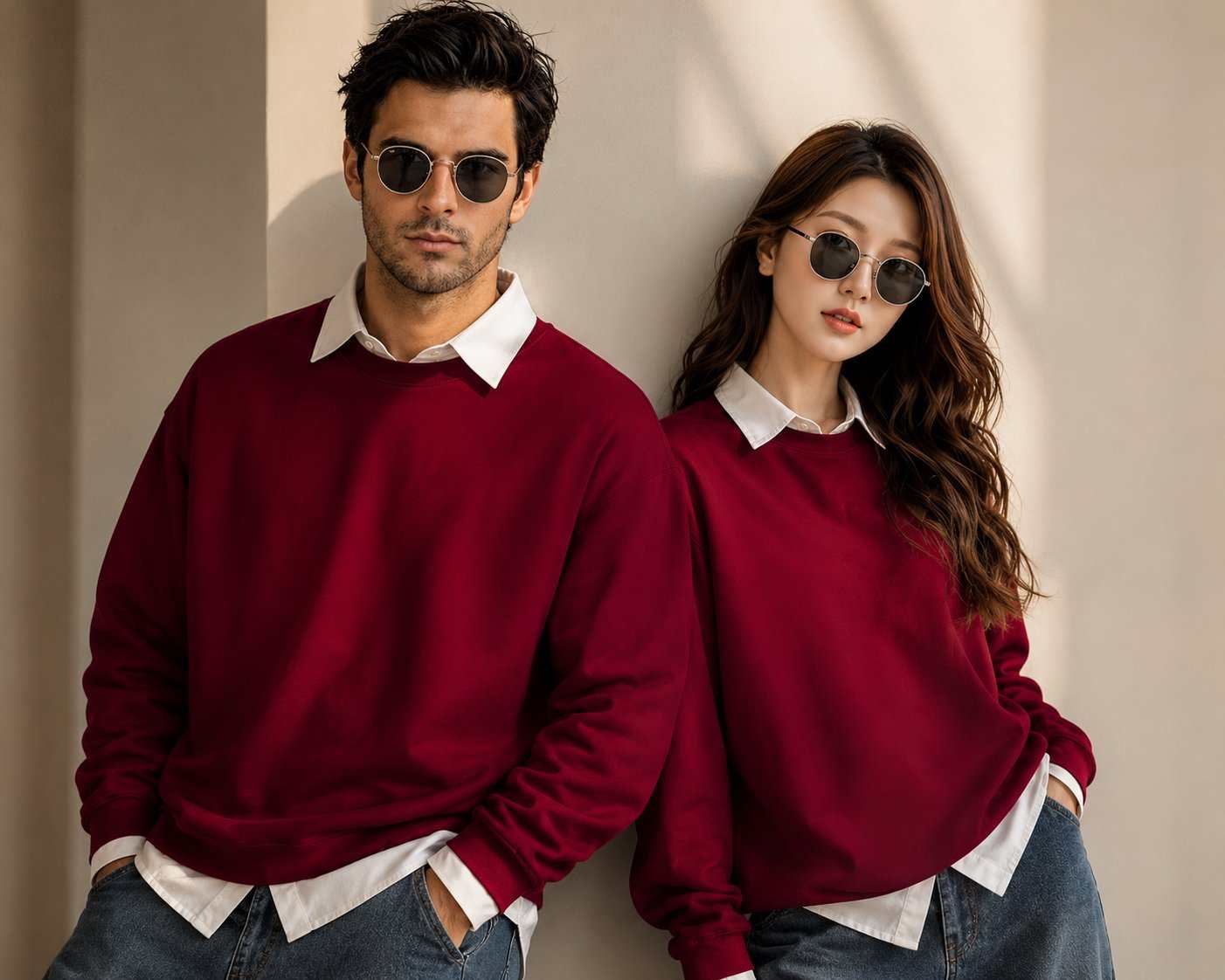 GPT Image 2 prompt: Ultra realistic fashion editorial photoshoot of a stylish young man and woman standing side by side against a minimal beige luxury interior wall, both wearing oversized deep burgundy red sweatshirts layered over crisp white collared shirts, relaxed blue denim jeans, modern round black sunglasses, soft natural golden sunlight casting cinematic shadows, confident aesthetic poses, luxury streetwear campaign vibe, clean composition, high-end clothing advertisement, detailed fabric texture, sharp facial features, shallow depth of field, warm neutral tones, editorial fashion photography, shot on Sony A7R IV, 85mm lens, ultra detailed, photorealistic, premium lifestyle branding, Instagram luxury fashion aesthetic, symmetrical framing, relaxed yet confident expressions.