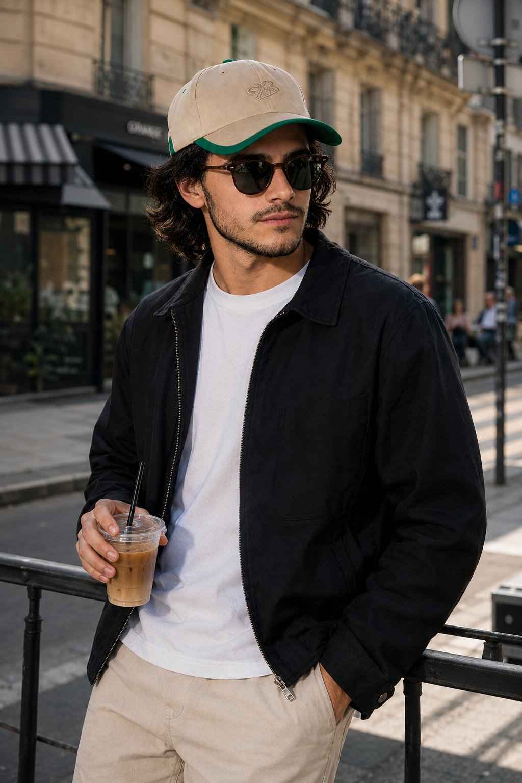 GPT Image 2 prompt: Prompt: Vibe: candid · urban · stylish-but-relaxed

Best for: travel, lifestyle, street content

Recreate this street-style lifestyle photo using my reference image as the ONLY identity source. Match the face EXACTLY — facial structure, skin tone, texture, hair, and details. Keep the face fully photorealistic.

Scene:

- Urban European street setting

- Subject standing casually near a railing on the sidewalk

- Buildings, street, and soft background activity

Pose:

- Relaxed standing posture

- One hand holding an iced coffee

- Natural candid stance

Outfit:

- Casual stylish look (light pants, inner tee, jacket, sunglasses)

Lighting:

- Natural daylight

- Soft shadows, slightly warm tones

- Realistic outdoor exposure

Style:

- Clean, realistic photography

- Slight depth of field (background softly blurred)

Ensure:

- Correct body proportions

- Natural perspective

- No facial distortion

- High-resolution, realistic output