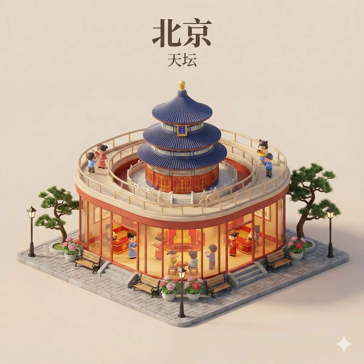 nano banana prompts: A 3D chibi-style miniature travel scene centered around a creative two-story observation deck and visitor center, designed around a large, iconic landmark of Harbin. Through transparent glass walls, the interior is warmly lit and decorated in Harbin's signature travel theme colors, featuring chibi guides in local traditional attire and chibi tourists casually taking photos or relaxing. Outside, the surrounding area features neatly arranged benches, street lamps, cobblestone paths, and region-specific natural plants, evoking the unique travel atmosphere. The composition is clean and minimal, rendered in Cinema 4D style with miniature cityscape aesthetics, detailed textures, soft lighting, and a relaxed, cozy afternoon vacation vibe. The image is square, 1080x1080 pixels, with a solid, soft-colored background. The city name 'Harbin' is centered at the top in bold, 48px Source Han Serif font, and the landmark name is centered below it in 24px Source Han Serif font.