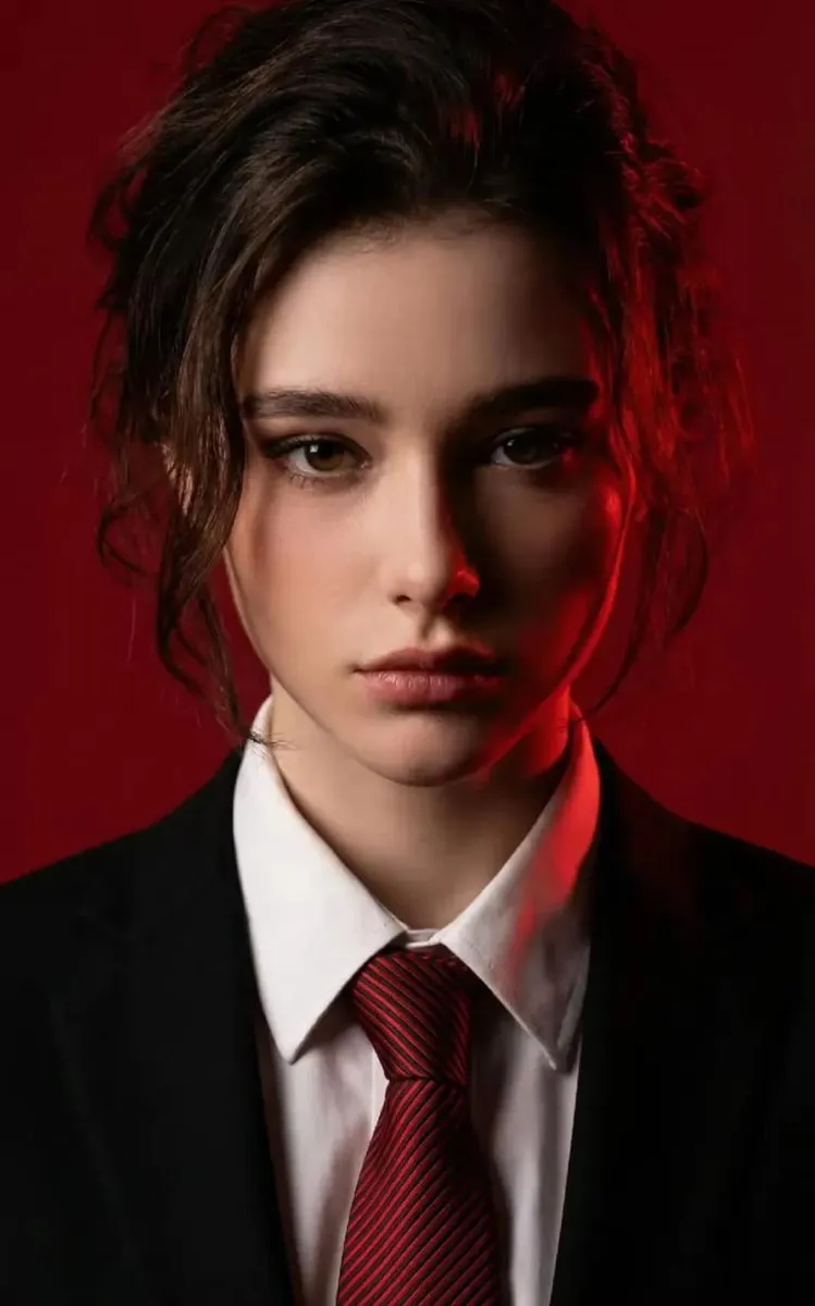 nano banana prompts: Ultra-realistic 8K portrait of a woman standing against a deep red background. She has sharp facial features, messy dark hair, and a confident, slightly intense expression. She is wearing a black suit jacket over a white shirt with the collar slightly open, paired with a red striped net tie. Dramatic red and black lighting highlights the contours of her face, jawline, and neck, creating a cinematic, powerful, and moody atmosphere. Do not alter facial features or head positioning.
