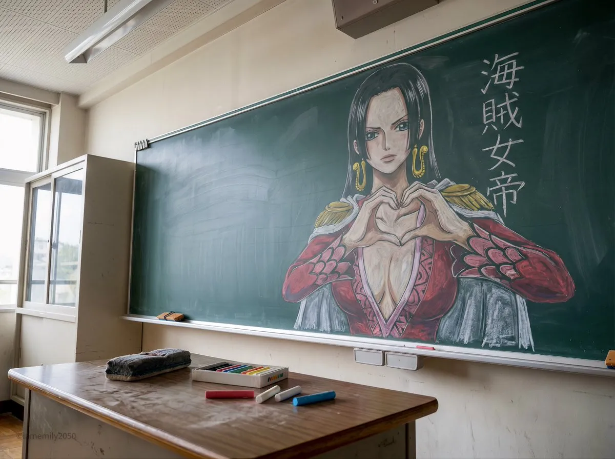nano banana prompts: A photorealistic, documentary-style image of a large, intricate chalk drawing of Boa Hancock from 'One Piece' on a standard green classroom blackboard, centered in a medium shot. She is depicted in a commanding pose with her signature long, straight black hime-cut hair rendered in dense black chalk with white highlights for shine. Her expression is haughty and imperious, with detailed dark blue eyes. She forms a heart shape with her hands, referencing her 'Mero Mero Mellow' technique, wearing a revealing red blouse with purple geometric patterns and gold snake-shaped earrings, all drawn with vibrant colored chalks. The chalk texture is preserved, showing visible hatching and cross-hatching strokes for shading, with smudged areas indicating hand-blended colors. To the right of the character, vertical Japanese text '海賊女帝' (Pirate Empress) is written in crisp white chalk. In the foreground, a wooden teacher's desk is slightly out of focus, with a yellow box of colored chalks, loose red, white, and blue pastel chalk sticks, and a dusty black felt eraser scattered on its surface. The green chalkboard spans the frame, with a metallic chalk tray containing accumulated dust at the bottom. The wall above is plain off-white plaster with a small mounted speaker box. The scene is lit with soft, diffuse ambient classroom lighting from overhead fluorescent fixtures mixed with daylight from windows on the left, creating even illumination at ~5000K color temperature to accurately render the red and purple chalks against the dark green board. The camera is positioned at eye level, using a 35mm prime lens at f/5.6, 1/60s shutter speed, ISO 400, with moderate depth of field keeping the chalkboard artwork sharp while softly blurring the foreground desk. The atmosphere is quiet and academic, with a sense of stillness suggesting the classroom is unoccupied. Avoid multiple characters, Midoriya, Shigaraki, male characters, digital art overlays, vector graphics, paper texture, oil painting, messy composition, extreme low angles, fisheye lenses, hyper-saturation, soft focus filters, or heavy vignetting.
