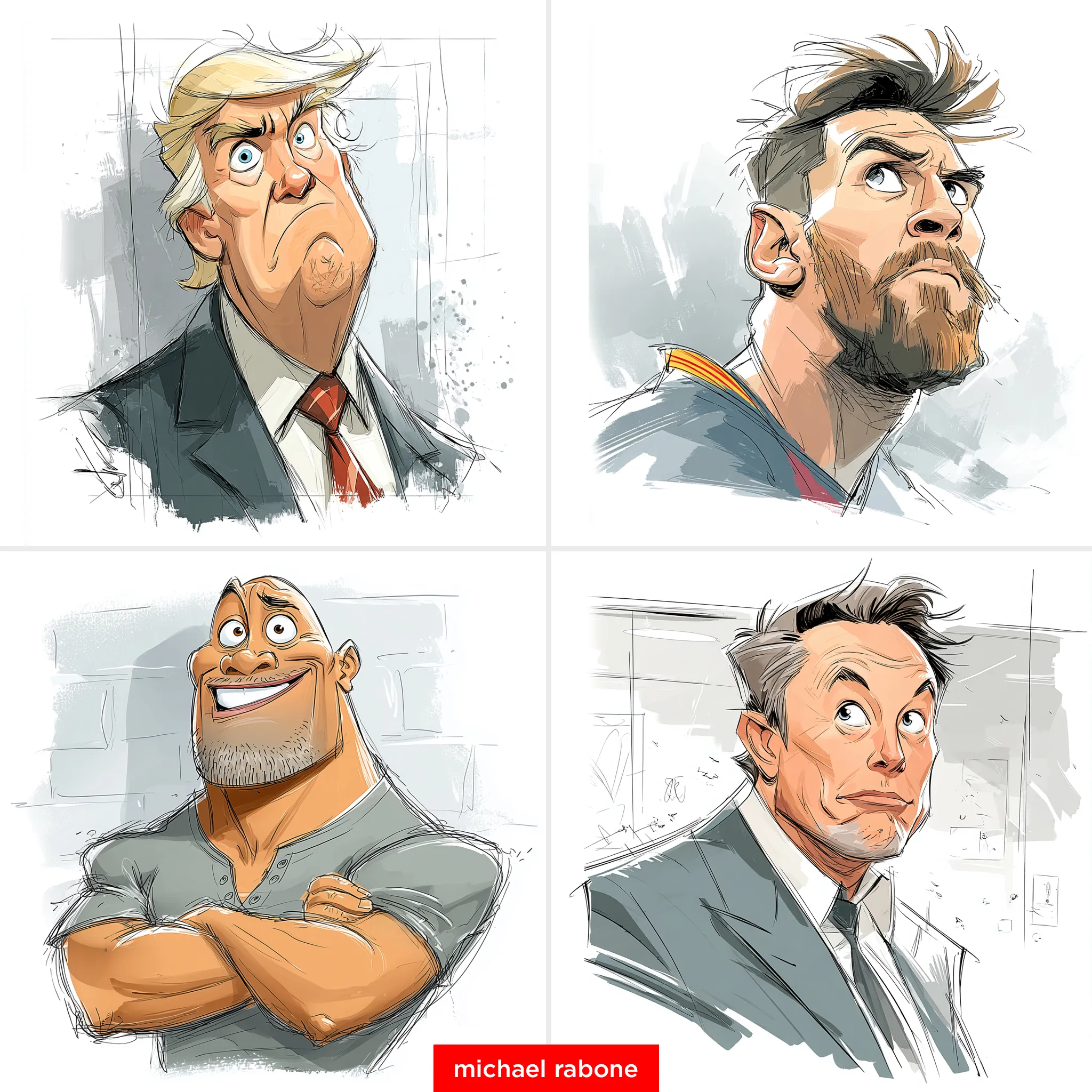 nano banana prompts: Caricatures of Donald Trump, Lionel Messi, Dwayne Johnson, and Elon Musk