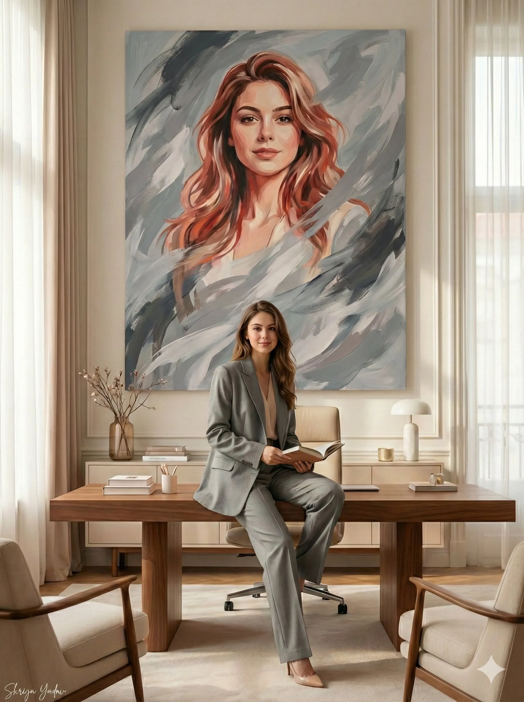 nano banana prompts: Cinematic portrait of a woman sitting confidently on a table in her personal luxury office. She wears a loose pastel-toned dress or an oversized soft-colored suit, blending elegance and subtle boldness. In the background, a large painted portrait of the same woman features expressive pastel brushstrokes in dynamic, sweeping red, peach, and beige tones, creating movement. Soft daylight, fashion-editorial mood, clean composition. Image ratio 3:4.