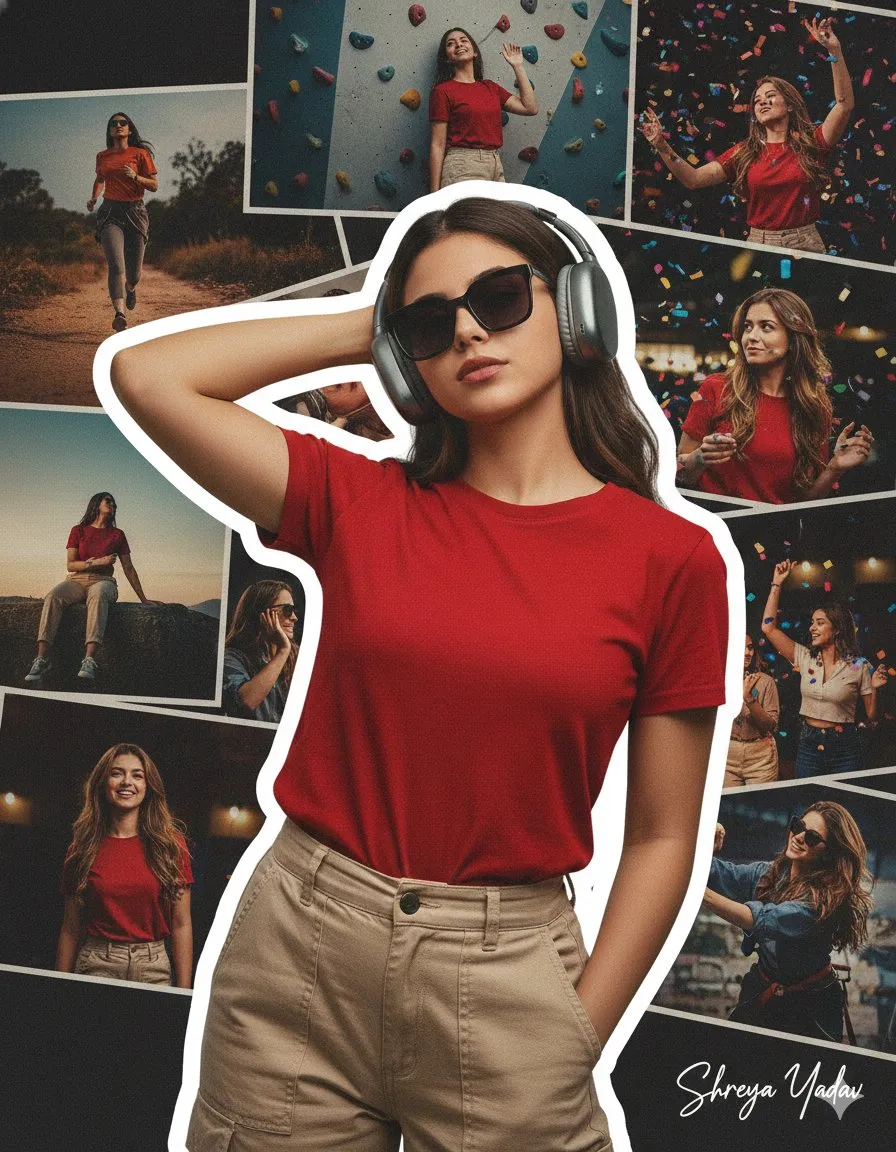 nano banana prompts: A bold cinematic poster featuring a confident young girl in the foreground, distinctly outlined with a thick white sticker-style border to create a cutout effect. She is wearing dark sunglasses, a plain red t-shirt, beige cargo pants, and large wireless headphones. She stands with a relaxed posture, one hand behind her head and the other in her pocket, exuding an effortless attitude. The background is a stylish, textured collage of multiple photographs of the same person in different scenarios: running outdoors, rock climbing, traveling, smiling candidly, posing, and celebrating in a festive confetti setting. The image features moody lighting, a grainy film aesthetic, high contrast, and a professional layout.