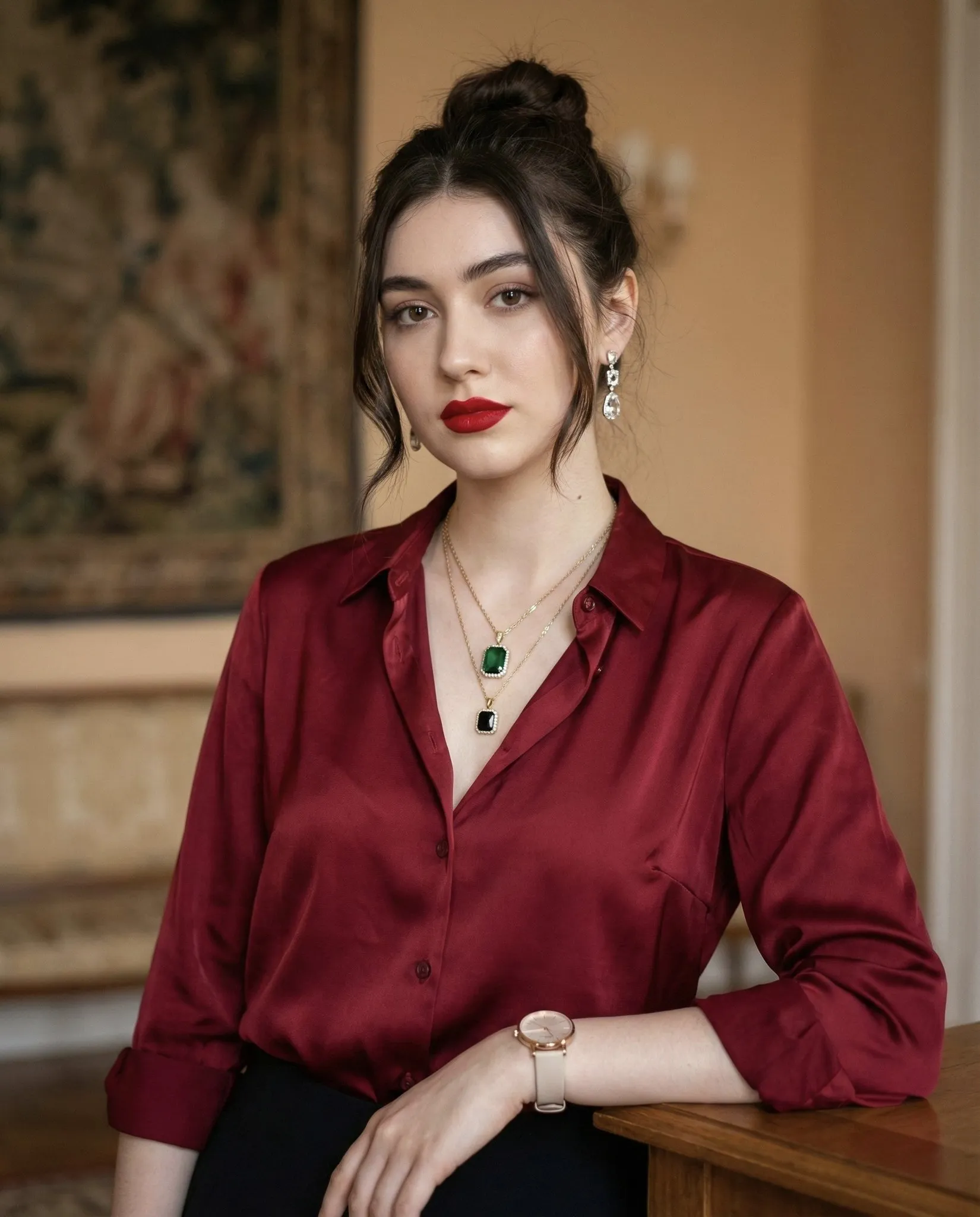 nano banana prompts: A cinematic indoor portrait of a woman standing with a relaxed posture, one hand resting on a wooden surface, body slightly turned forward. She has a calm, confident, slightly serious expression with bold red lips, and her dark brown hair is styled in a messy elegant bun with loose face-framing strands. She wears a deep red satin button-up blouse with a luxurious sheen, slightly open neckline, and sleeves loosely rolled. Accessories include a gold chain with a large emerald green stone pendant, another gold chain with a black square pendant, crystal drop earrings, and a light-tone watch on her left wrist. The setting is an elegant indoor room with warm-toned walls, soft classic interior elements, and a decorative tapestry or framed wall art featuring a pastoral scene. The lighting is soft and warm, creating gentle highlights on her skin and the satin fabric. The mood is elegant, confident, and sophisticated, with a shallow depth of field and a softly blurred background. The overall aesthetic is a luxury editorial portrait with warm tones, rich textures, glowing satin reflections, elegant jewelry highlights, and a balanced cinematic composition.
