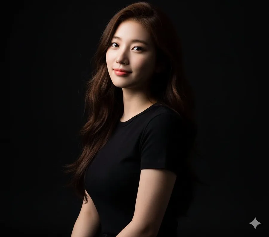 nano banana prompts: Studio portrait of a person, black background, wearing a black T-shirt, side lighting, half-body composition