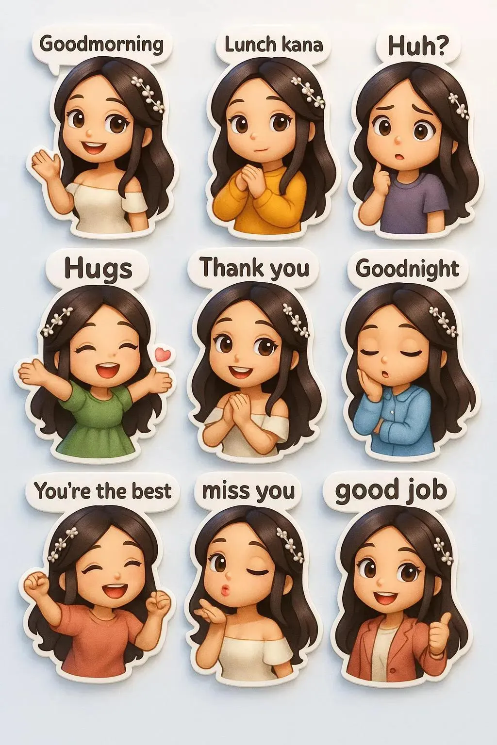 nano banana prompts: 3D kawaii 10:16 canvas featuring nine chibi-style stickers in various outfits, poses, and expressions. Each sticker has a white border and includes a speech bubble with phrases like 'Goodmorning', 'Lunch kana', 'Huh', 'Hugs', 'Thank you', 'Goodnight', 'You're the best', 'miss you', 'mwah 😙', 'good job', and 'Ingat ka'. Set on a soft white-to-pastel blue gradient background for a fun, positive vibe.