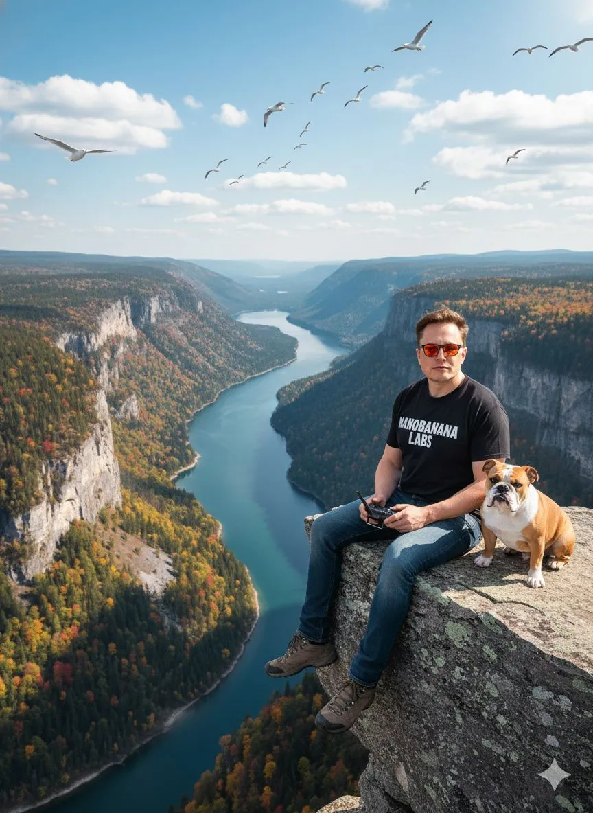 nano banana prompts: Hyper-realistic drone shot of a man sitting on a cliff ledge, full body view, ten feet away from the camera. He wears a black t-shirt with 'NANO BANANA' printed on it, fitted distressed blue jeans, and Oakley sunglasses with orange lenses. His legs dangle over the edge, expression calm, looking directly at the drone while holding its remote control. Beside him sits an English bulldog. The background showcases a breathtaking mountainous gorge with a clear blue river or lake flowing between the peaks. Autumn foliage in red, orange, and yellow patches accents the predominantly green landscape, with snow visible on riverbanks. A flock of white seagulls flies in the distance. The sky is sunny and clear blue with scattered clouds. Rendered in 8K DSLR resolution, natural lighting, lifelike details, seamless foreground and background blend for a realistic, cohesive image.