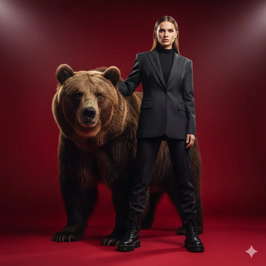 nano banana prompts: Ultra-cinematic shot of a confident, stylish woman in a sleek, dark suit blazer and combat boots, standing with a massive brown bear slightly behind her, her hand resting on the bear. The bear is her protector and loyal, trained companion. Ultra-detailed photo in Russian style, dramatic directed lighting, minimal environmental immersion, solid red background. The image exudes boldness, strength, and high tension.