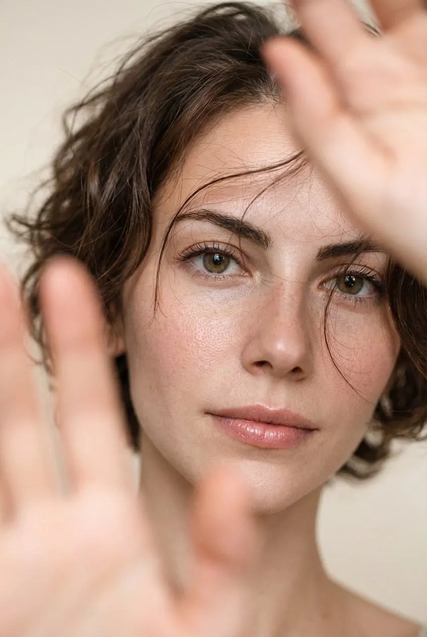 nano banana prompts: Extreme close-up macro photo of a young woman with a serene, gentle expression, short wavy messy hair with stray wisps falling across her forehead and near her eyes, ultra-sharp eyes with crisp reflections, natural soft-beauty makeup, ultra-clean skin with visible macro pores and individual hair strands, a hand in the foreground partially blurred to frame the face, soft pastel bokeh background with strong, smooth, creamy bokeh, soft diffused lighting with airy, bright aesthetic, high dynamic range (HDR), soft beauty lens, ultra-shallow depth of field focused on the eyes, preserving facial identity and original hair color, natural skin texture, no plastic or airbrushed skin, no cartoon, 3D render, or illustration, no deep focus or sharp background, no clutter, no deformed hand or bad anatomy.