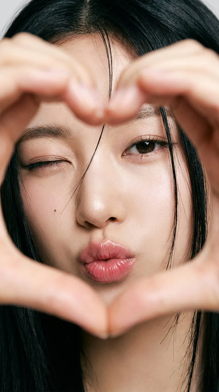 nano banana prompts: Extreme close-up portrait of a young East Asian woman with straight black hair, loose strands framing her face. She makes a heart shape with her hands in front of the camera, head gently tilted. Her almond-shaped dark brown eyes have subtle eyeliner, defined lashes, and soft shimmer on the lids; one eye winks while the other is softly open. Natural, slightly arched eyebrows. Smooth skin with a natural glow. Full lips with a pink glossy tint, puckered in a kiss face. A small mole is visible under her left eye. The shot is framed tightly on her eyes, nose, and lips, with very shallow depth of field, sharp focus on eyes and lips. Soft diffused lighting creates even illumination, minimal shadows, and natural skin highlights. Background is completely obscured. Style: soft, playful, intimate, high-resolution portrait with film-like softness, cute, expressive, and flirtatious.