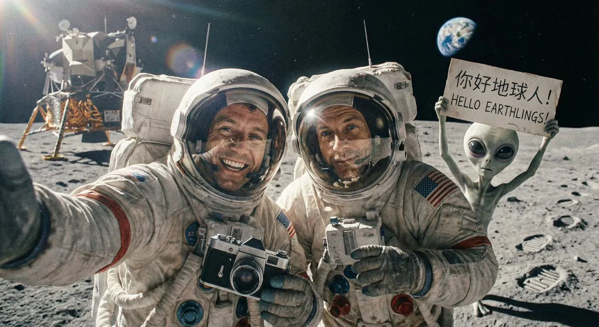 nano banana prompts: Two astronauts in bulky spacesuits taking a selfie on the lunar surface. In the background, a comical small grey alien is photobombing, holding a sign that reads 'Hello Earthlings!'
