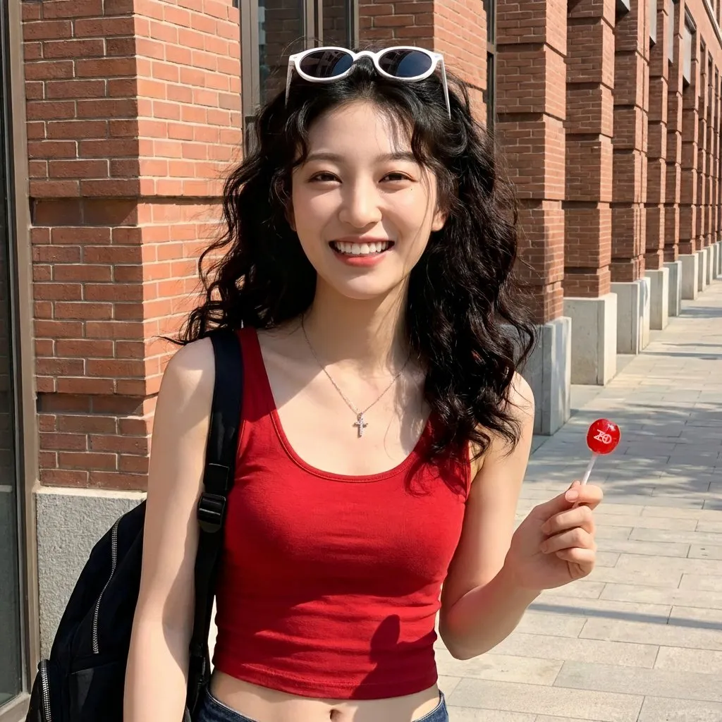 nano banana prompts: A high-resolution, full outdoor shot of a young East Asian woman with a radiant smile, captured from the chest up. She stands under bright, direct sunlight, casting strong, defined shadows from the brick building behind her. Her dark, wavy, voluminous hair features subtle curls, with white-framed round sunglasses pushed up onto her head. She has fair, smooth skin, bright, upturned dark eyes, a delicate nose, and a wide, open-mouthed smile revealing her upper teeth. Her lips are a natural, soft pink. She wears a fitted red scoop-neck tank top, slightly cropped to reveal a hint of her midriff and navel. A delicate silver chain with a small cross pendant adorns her neck. A black strap from a backpack or shoulder bag is visible over her left shoulder. Her right hand, with slender fingers and light nail polish, holds a vibrant, glossy red spherical object resembling a cherry or lollipop. The background features a reddish-brown brick building with repetitive architectural columns or pilasters, topped with light-colored caps, creating strong vertical shadows. The setting is a sunny urban sidewalk with light-colored paving. The overall aesthetic is cheerful, vibrant, and natural with a focus on sharp detail and warm lighting.
