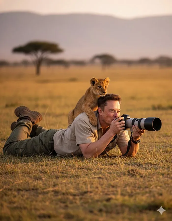 nano banana prompts: Ultra-realistic wildlife photography scene. A man wearing proper wildlife-safari clothing — light brown outdoor shirt, rugged cargo pants, and sturdy field boots — lies flat on the grassy ground, holding a professional DSLR camera with a large telephoto lens, focusing on wildlife. A playful lion cub sits on his shoulder, looking into the distance. Golden hour natural light, African savannah background, cinematic depth of field, 8K detail, vibrant colors. HD quality DSLR photography. Keep the face 100% accurate based on the uploaded reference photo.