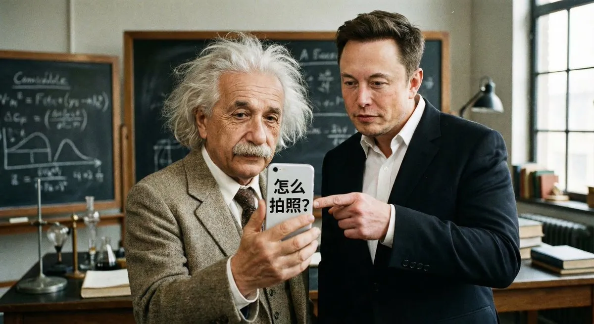 nano banana prompts: A disheveled Einstein looks confusedly at a smartphone, trying to take a selfie. Elon Musk stands beside him, patiently pointing at the screen. The phone screen displays the text: 'How to take a photo?'