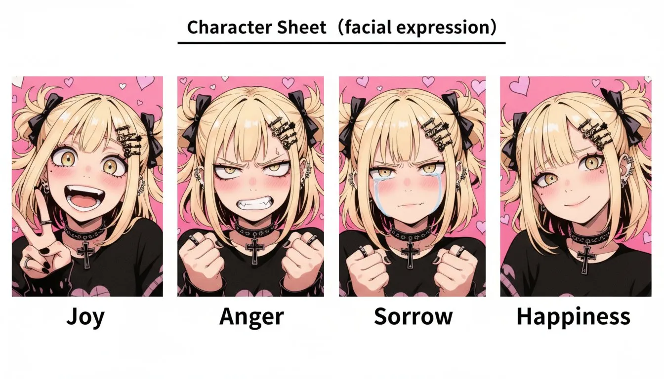 nano banana prompts: character sheet, facial expressions, joy, anger, sorrow, happiness