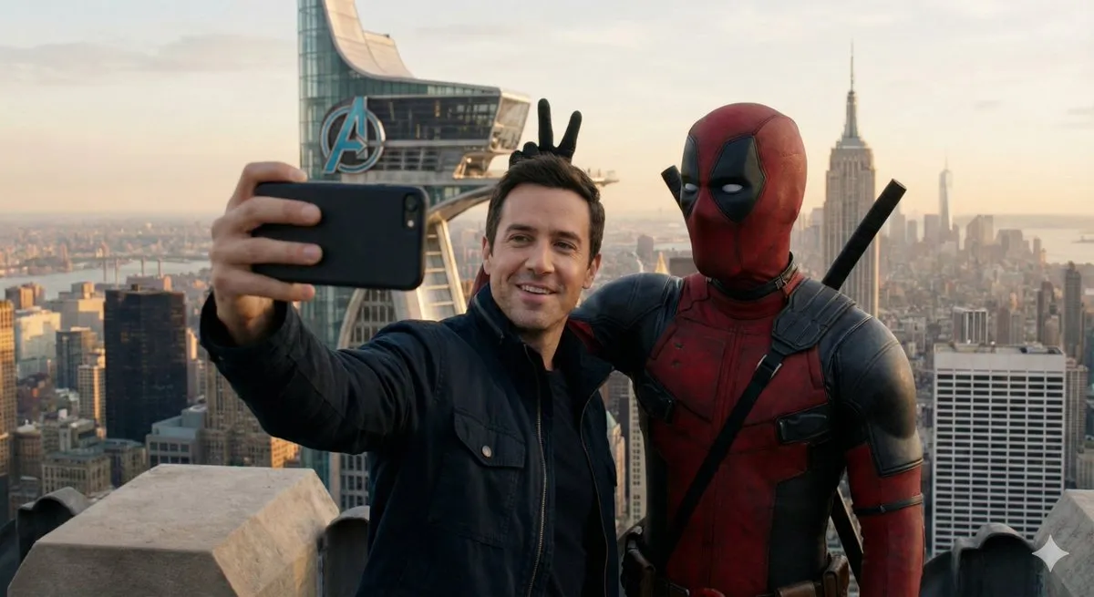 nano banana prompts: Deadpool stands next to a man, making bunny ears with his fingers behind the man's head, looking mischievously at the camera. The background is the rooftop of Avengers Tower overlooking New York City. The composition is a selfie, with both characters naturally integrated into the scene.