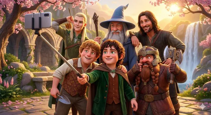 nano banana prompts: A vibrant Pixar-style 3D animated scene depicting a joyful group selfie moment featuring Frodo, Sam, Aragorn, Gandalf, Legolas, and Gimli in a culturally representative environment. At the center, Frodo confidently holds a selfie stick topped with an iPhone, wearing an expression that reflects his courage and leadership. To the left, Sam adopts a warm, supportive pose with a cheerful expression, showcasing his loyalty and kindness. On the right, Legolas strikes a playful, graceful pose, holding a bow, with an exaggerated, lively facial expression highlighting his agility and spirit. Nearby, Gimli performs a bold, energetic posture with a proud smile, embodying his strength and humor. All characters wear bright, cheerful, and adorably rounded outfits styled in a contemporary fusion of traditional and modern attire representative of their cultural and historical backgrounds. The scene is warmly lit, colorful, and filled with dynamic expressions and lively poses. The background features a setting emblematic of their cultural identities—such as a fantasy forest with cherry blossoms, mountains, and ancient ruins—rendered in the adorable, cinematic style characteristic of Pixar animations. The overall composition exudes energy, humor, and heartwarming joy, capturing the essence of each character through their selfie expressions and postures.