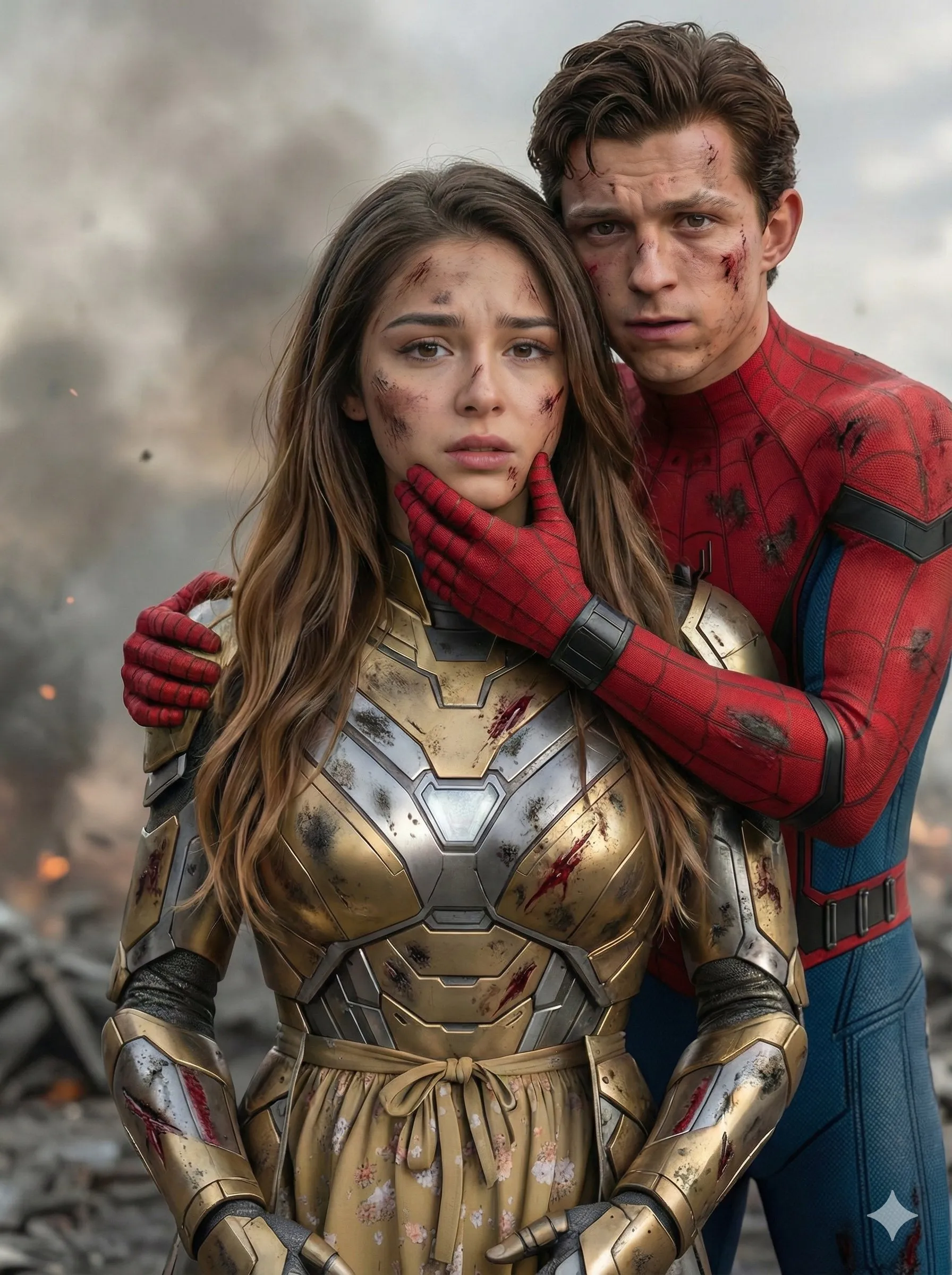 nano banana prompts: A hyper-realistic cinematic scene of a destroyed battlefield with smoke, debris, and broken structures. A superhero in a red and blue suit kneels, holding an injured armored woman in his arms. The woman wears a gold and silver suit with a glowing arc reactor, broken plates, and exposed wires. Her face is replaced with the provided face, maintaining natural proportions and realism. Her expression is fatigued, weak, and emotional, with dirt, scratches, soot, blood marks, bruises, and battle damage preserved exactly as in the original. Her hair is messy and battle-damaged. The man’s face remains unchanged, his pose is gentle as he holds her face, expressing worry and devastation. The scene preserves all lighting, environment, body, pose, armor, and emotional expression with cinematic realism and dramatic mood. Mid-shot, shallow depth of field, high detail, photorealistic textures, dramatic lighting.