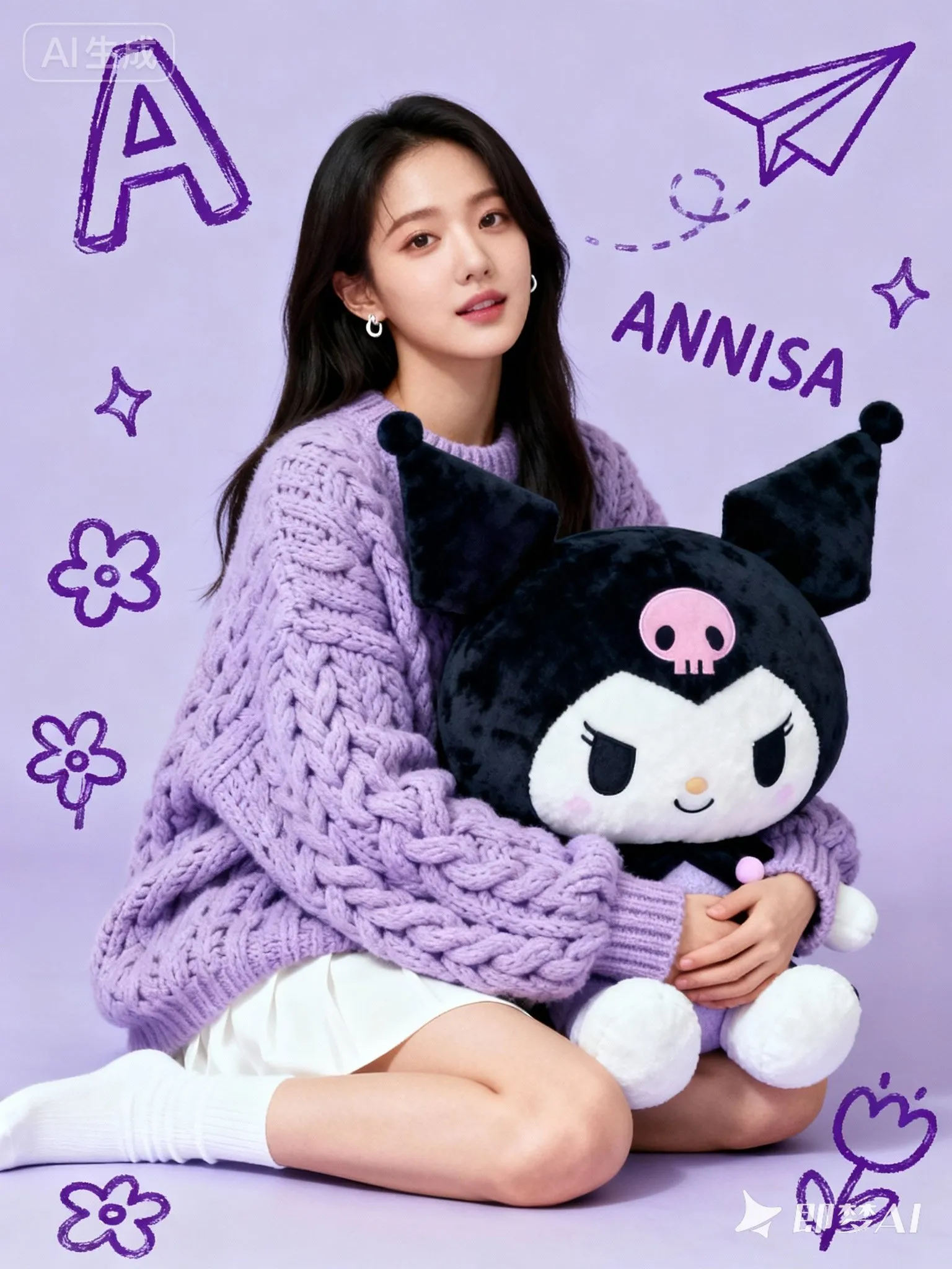 nano banana prompts: A handsome young East Asian woman sitting on the floor in front of a light purple background, wearing a comfortable oversized lavender chunky knit sweater, white skirt, and white socks, tenderly hugging a large Sanrio Kuromi plush toy, looking gently at the camera. The background features playful hand-drawn purple doodles and text, including 'A', 'ANNISA', paper airplanes, and flowers, styled like a K-pop photocard or fan magazine cover. Bright, soft lighting creates a cute and cozy atmosphere.