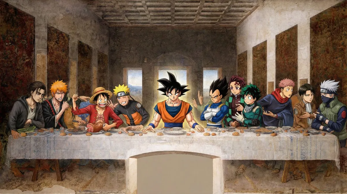 nano banana prompts: Recreate the composition of Leonardo da Vinci’s The Last Supper with iconic manga and anime characters seated at the long table. Place Goku in the center as Jesus, subtly glowing with Saiyan energy. Surround him with characters from Naruto, One Piece, Bleach, Attack on Titan, My Hero Academia, Dragon Ball, Jujutsu Kaisen, and Demon Slayer, interacting dramatically as in the original. Maintain Renaissance lighting, painterly textures, and classical depth, but with anime-style character design and vibrant colors.