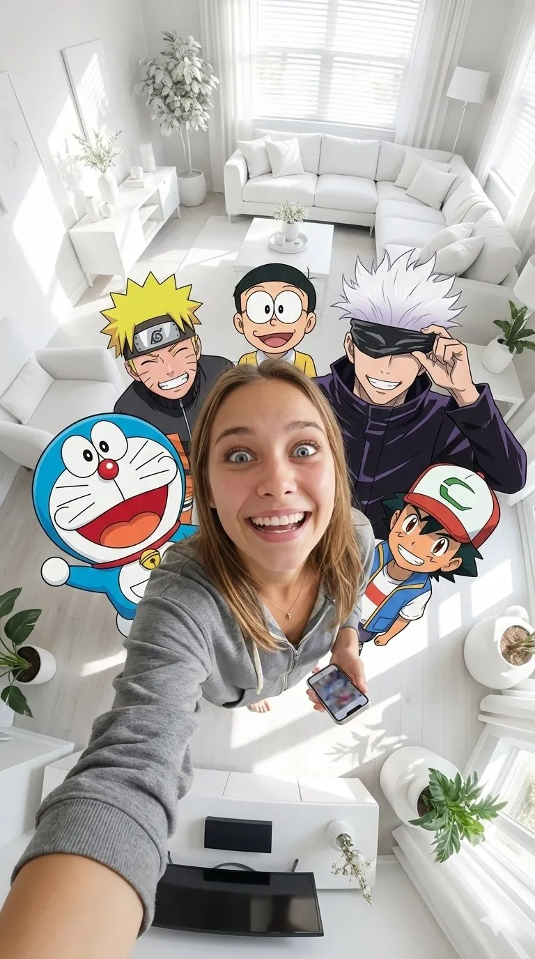 nano banana prompts: 9/16 vertical format fisheye selfie of an ultra-realistic woman from a photo with Doraemon, Naruto, Nobita, Satoru Gojo, Sung Jin, and Ash from Pokémon. Everyone is smiling with silly, exaggerated expressions. Set in a small, bright living room with white tones. High camera angle. Extreme fisheye distortion. Realistic, cinematic lighting with anime characters integrated into stylized realism.