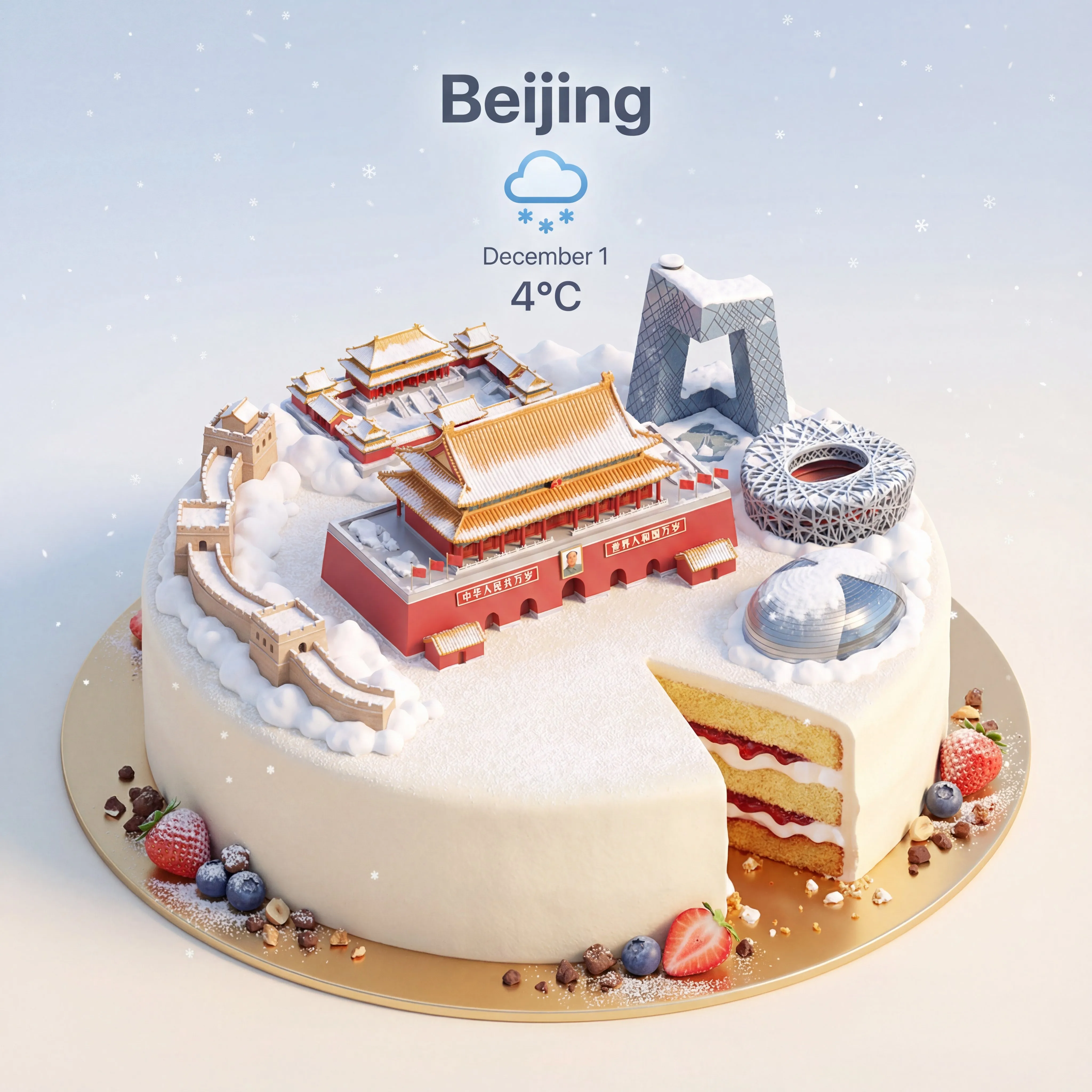 nano banana prompts: A精致的圆形奶油蛋糕, viewed from a 45° isometric top-down perspective, features a micro 3D cartoon cityscape of [CityName] as its topping, with the entire cake including top, edges, and partial sides visible, resting on a golden circular cake stand. The central landmark [LandmarkName] is prominently placed in the center, larger than other buildings, serving as the visual focal point, with other representative city buildings [BuildingList] arranged in a circular formation around it, slightly lower in height, creating a layered depth. The cake surface serves as the city ground, decorated with scattered fruits (strawberries, blueberries, orange slices), chocolate shavings, and nut pieces. A slice is cut from one side of the cake, revealing layered interior, enhancing the 'edible' appeal. The scene is set under [WeatherType], with sky and lighting clearly depicting the weather condition, while weather effects are stylized as desserts: [WeatherEffect1], [WeatherEffect2], [WeatherEffect3]. Use soft, detailed textures, realistic PBR materials, natural lighting, 3D isometric composition, rich details. At the top center, display a large bold English title '[CityName]', below it a clear weather icon, then date (small text) and temperature (medium text), all centered and slightly overlapping the top of the central landmark without obscuring its main outline. Clean, minimalist composition, soft solid or gentle gradient background. Square format, 1080x1080, high resolution, ultra-detailed, soft lighting, global illumination, cinematic.