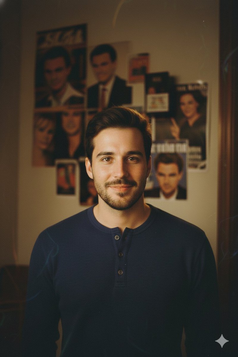 nano banana pro prompts: Create a 90s style portrait of the same man as in the reference photo, keeping his exact facial features and expression. The image should look as if it was clicked with a 1990s film camera, slightly grainy with warm tones. The scene takes place in a cozy, dimly lit room where a camera flash is clearly visible, casting a focused light on the man while the background remains slightly shadowed.
Only the upper half of his body is visible in the frame. He is posing elegantly, wearing a simple yet stylish 90s outfit such as a casual shirt or turtleneck that complements the warm indoor setting.
The background features a white wall with a few magazine clippings and posters of Hollywood stars from the 90s pinned to it, adding a nostalgic touch. The overall mood should evoke a classic retro portrait look, natural yet artistically lit.