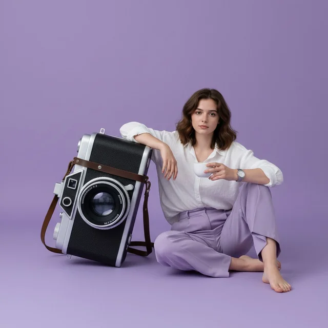 nano banana pro prompts: A hyper-realistic full-body portrait of uploaded image. Their pose is "sitting". Beside them stands a vertical oversized "camera", placed firmly on the ground, slightly tilted for a stylish aesthetic. The object is approximately at arm-height, allowing them to casually lean one arm on it for support. In their other hand, they hold a "cup". Minimal "lavender" studio background with soft cinematic lighting. Ultra-detailed textures on clothing, skin, hair, object surfaces. Composition clean, minimal, modern, and visually striking.