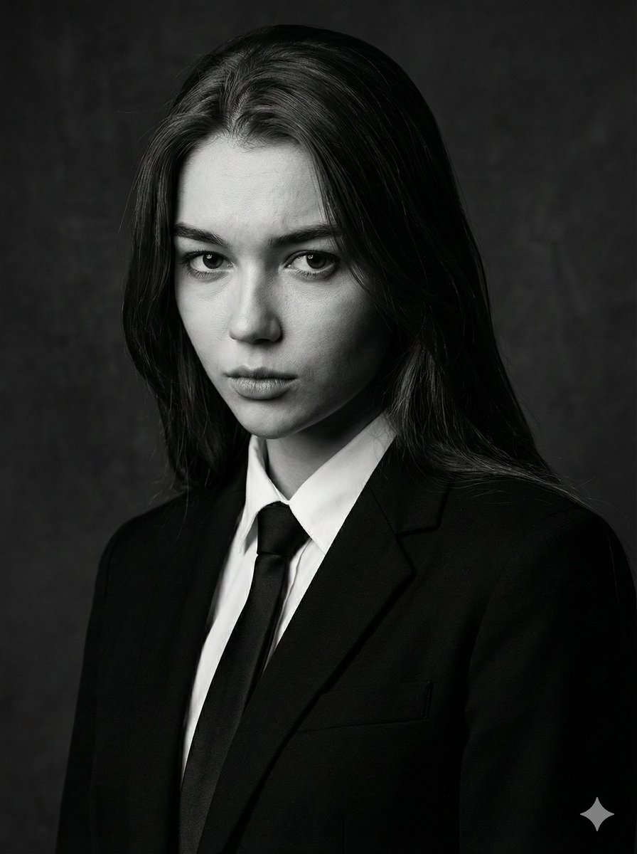 nano banana pro prompts: A realistic black and white photograph of a young woman with long, dark hair, closely resembling the facial features, structure, and expression of the subject in the reference image. She has an imposing or serious expression, looking directly at the camera. She is wearing a black suit jacket, a white collared shirt, and a slim black tie. The lighting is dramatic, and the background is dark and uniform.
photorealistic, cinematic, high-contrast, black and white
female
black suit, white shirt, slim black tie
imposing, serious, confident
medium close-up, straight-on