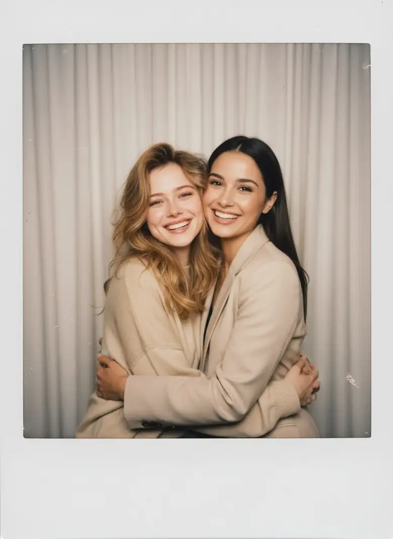 nano banana pro prompts: Create a Polaroid-style photo, as if it were taken with a Polaroid camera. The photo should look like a regular snapshot, without any obvious props or staged elements. Add a slight blur and a consistent light source, such as a flash from a dim room, scattered throughout the photo. Don't alter the faces. Replace the background with soft white curtains. Show two people looking directly at the camera while hugging or laughing, capturing a natural, candid moment.