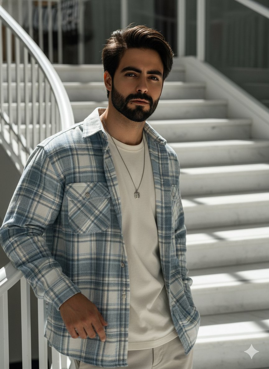 nano banana pro prompts: High-angle fashion portrait of a 25-year-old Asian man, with the
same facial features as the man in the reference photo, messy hairstyle framed on his face, leaning casually on a
white marble staircase