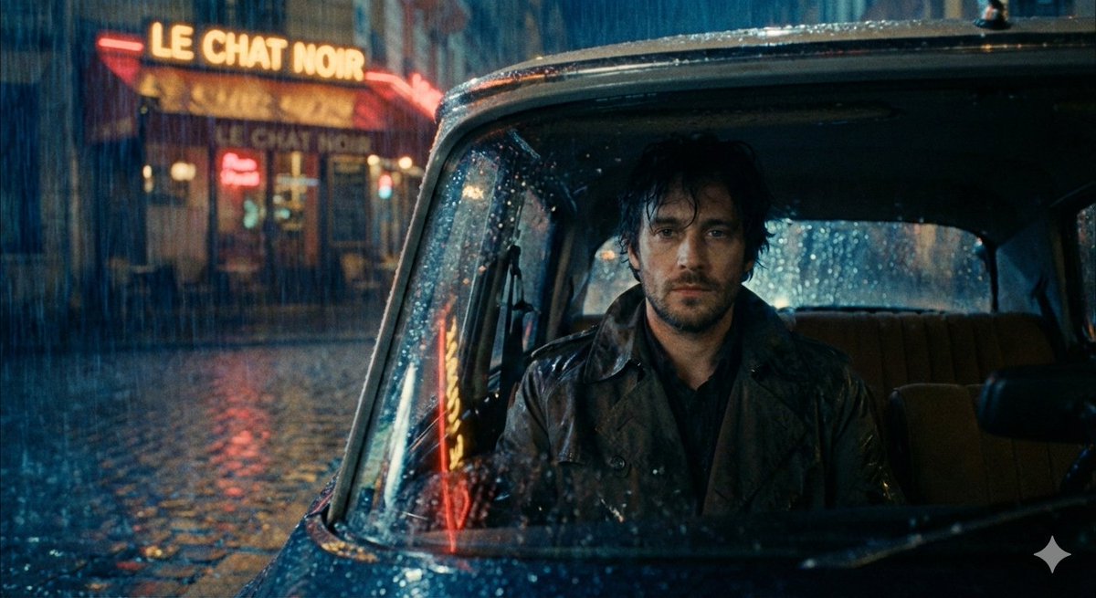 nano banana pro prompts: A moody, atmospheric movie still. Late night in Paris, rain pouring. Inside a retro Citroën, a man in a wet trench coat looks calmly at the viewer. The lighting , mix of cold blue with the warm amber and neon glow of a cafe outside the windshield. Introspective mood.