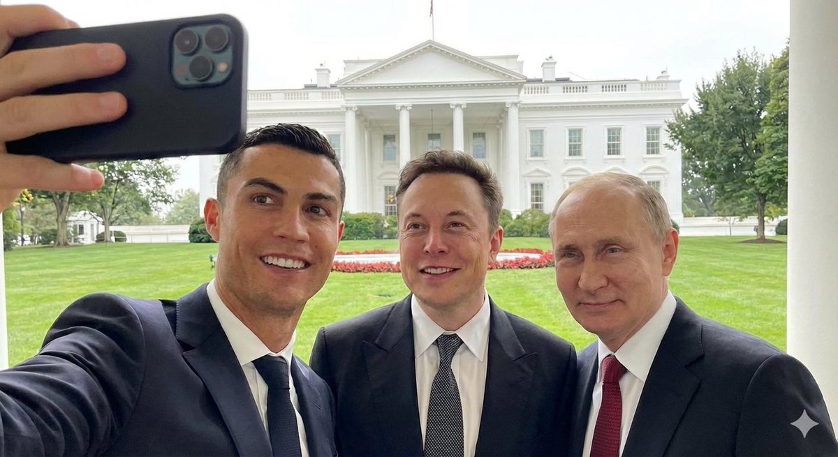 nano banana pro prompts: Cristiano Ronaldo taking a selfie with Elon Musk and Vladimir Putin, all three wearing suits and standing in front of the White House. The image should capture a friendly and relaxed atmosphere, with good lighting on their faces and the White House clearly visible in