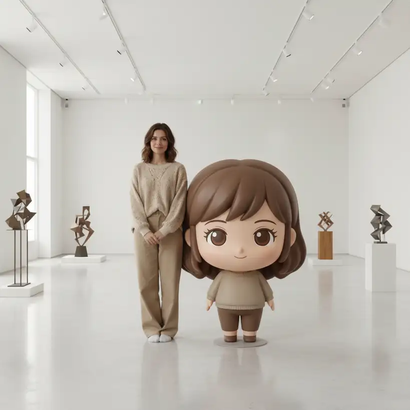 nano banana pro prompts: Transform of into a realistic scene where the person stands next to a large ${figureStyle} of herself with the same hairstyle and outfit version of themselves inside a a bright art gallery with smooth polished floor, white walls, ceiling track lights, and geometric sculptures on display.. The statue should have a round face, big cute eyes, soft smile, and oversized head with a small body to look adorable and toy-like. Use soft matte or vinyl toy texture to enhance the cuteness. The person is making ${pose} gesture. Match lighting, perspective, and shadows between the person and the statue so they blend naturally in the same space. Add ambient light, contact shadows, and clean reflections. The statue is slightly taller and positioned close to the person. High detail, soft lighting, no harsh edges, no extra people.