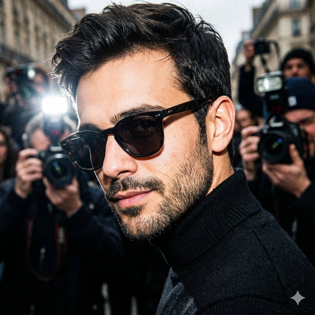 nano banana pro prompts: Unplanned paparazzi style portrait, an intense, close-up moment capturing a man with striking features as he looks over his shoulder with a confident smirk. Shot from a slightly low angle, showing only his face and shoulders amidst a blurred, bustling crowd. The image feels raw and spontaneous, lit by a harsh flash, high-ISO texture. He's wearing a dark turtleneck and stylish sunglasses, embodying effortless street style chic, the energy and atmosphere reminiscent of Paris Fashion Week chaos.