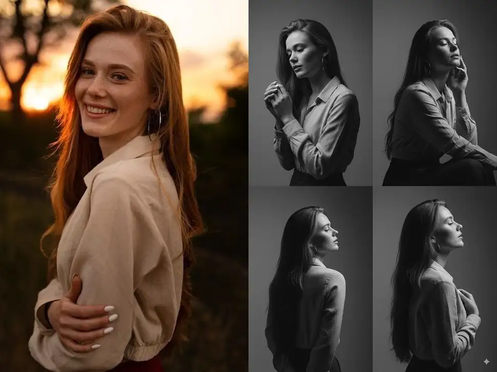 nano banana pro prompts: 将这张彩色照片转换为一张高分辨率的艺术黑白肖像。背景需处理成柔和的渐变灰，以突出人物。为画面增加细腻的胶片颗粒质感。人物姿态应自然，仿佛在沉思，光线要有方向性，重点勾勒面部轮廓，营造神秘感。要求没有实物的背景，每张照片换不同的动作。生成4张。