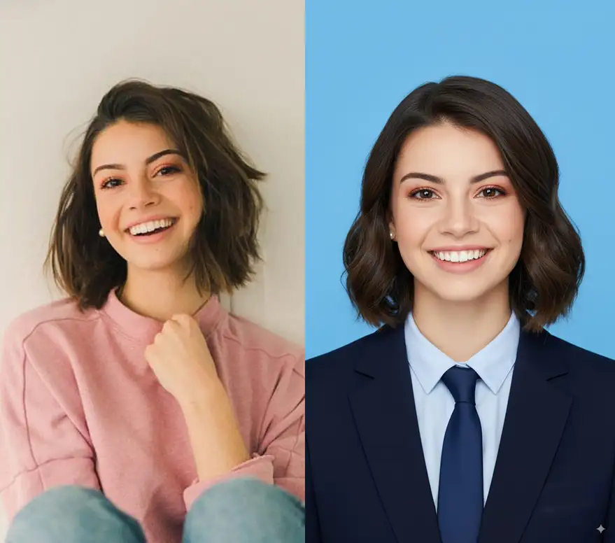 nano banana pro prompts: 截取图片人像头部，帮我做成2寸证件照，要求: 1、蓝底 2、职业正装 3、正脸 4、微笑